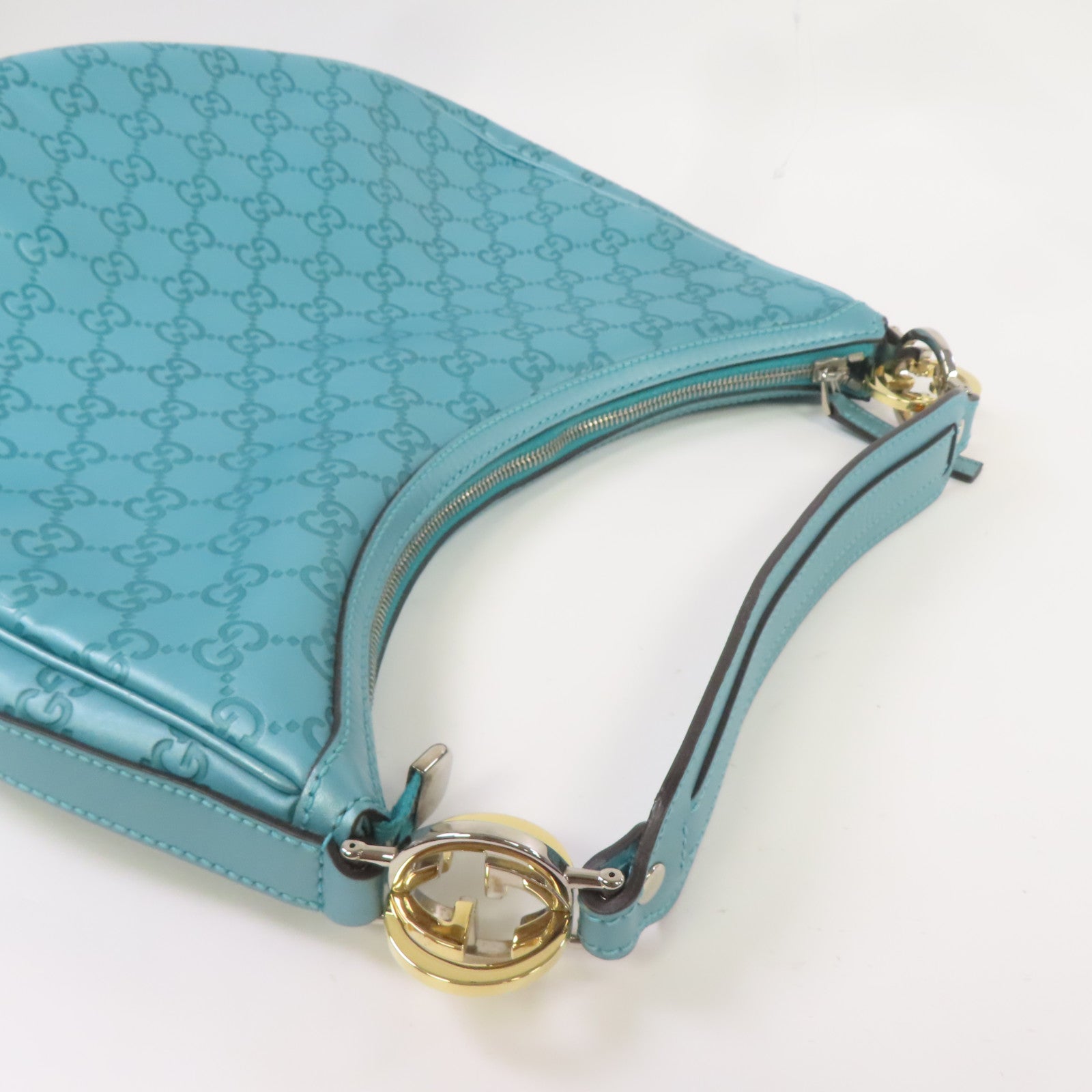 GUCCI 牛皮皮革GG Twins Bag金扣手挽肩背兩用袋藍綠色