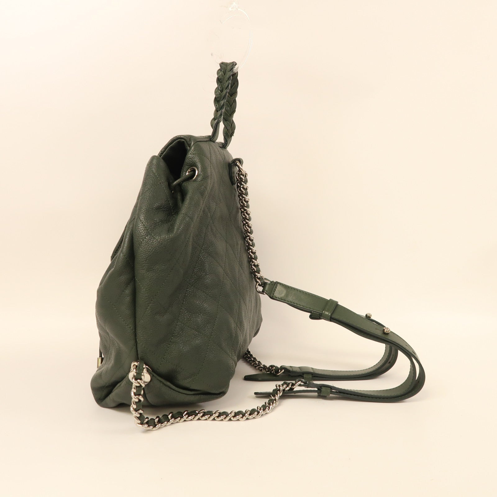 CHANEL 牛皮皮革Backpack銀扣背包綠色