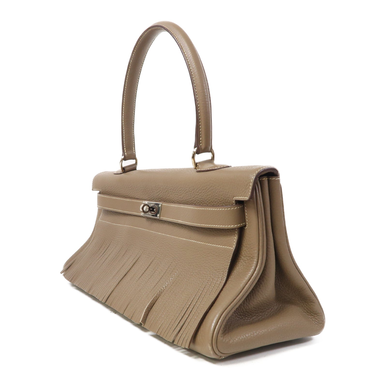 HERMES Clemence皮革Kelly Fringe銀扣肩背袋大象灰色