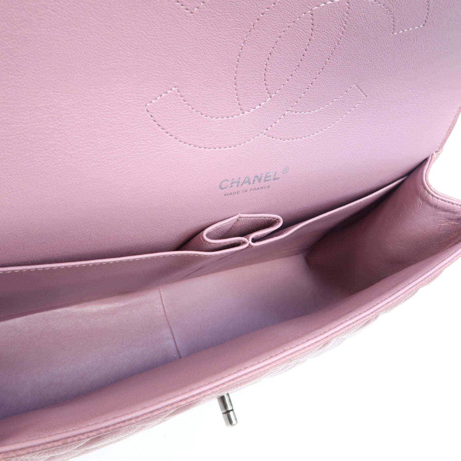 CHANEL 【激減優惠】菱格Caviar皮革Classic Double Flap Bag Jumbo銀扣鏈帶肩背袋紫色