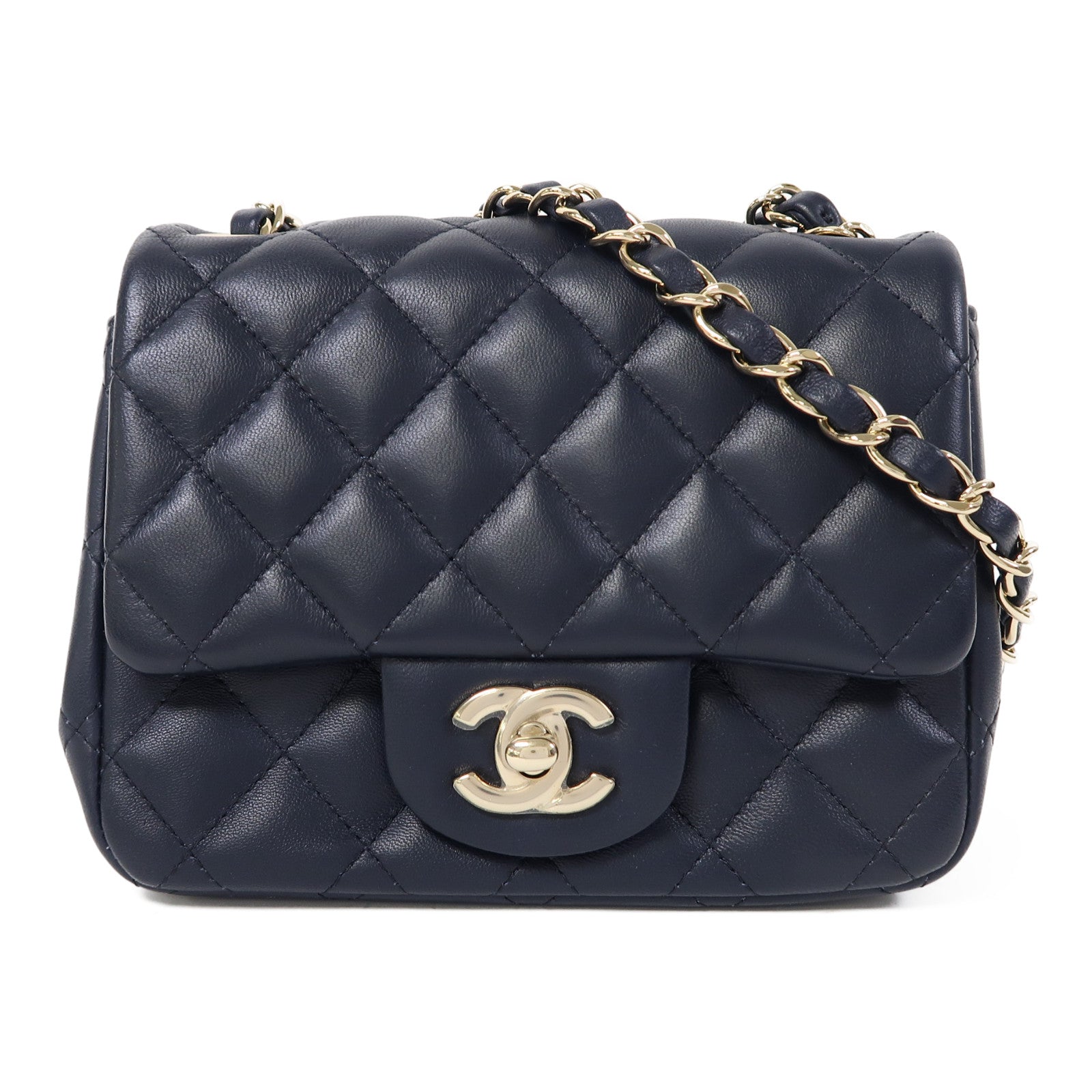 CHANEL 菱格羊皮皮革Mini 17cm金扣鏈帶肩背袋深藍色