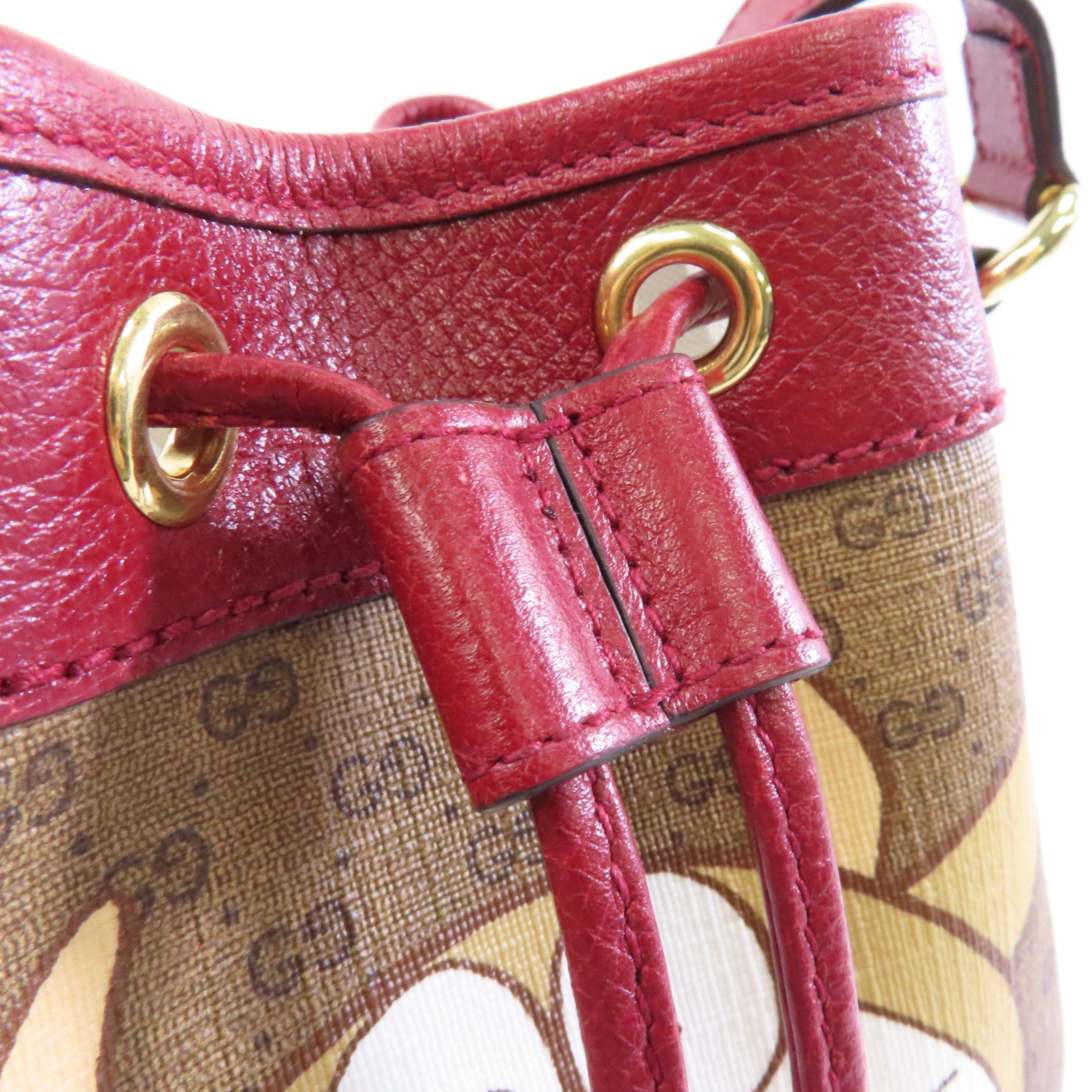 GUCCI 塗層帆布Bucket Bag金扣肩背袋棕色/紅色