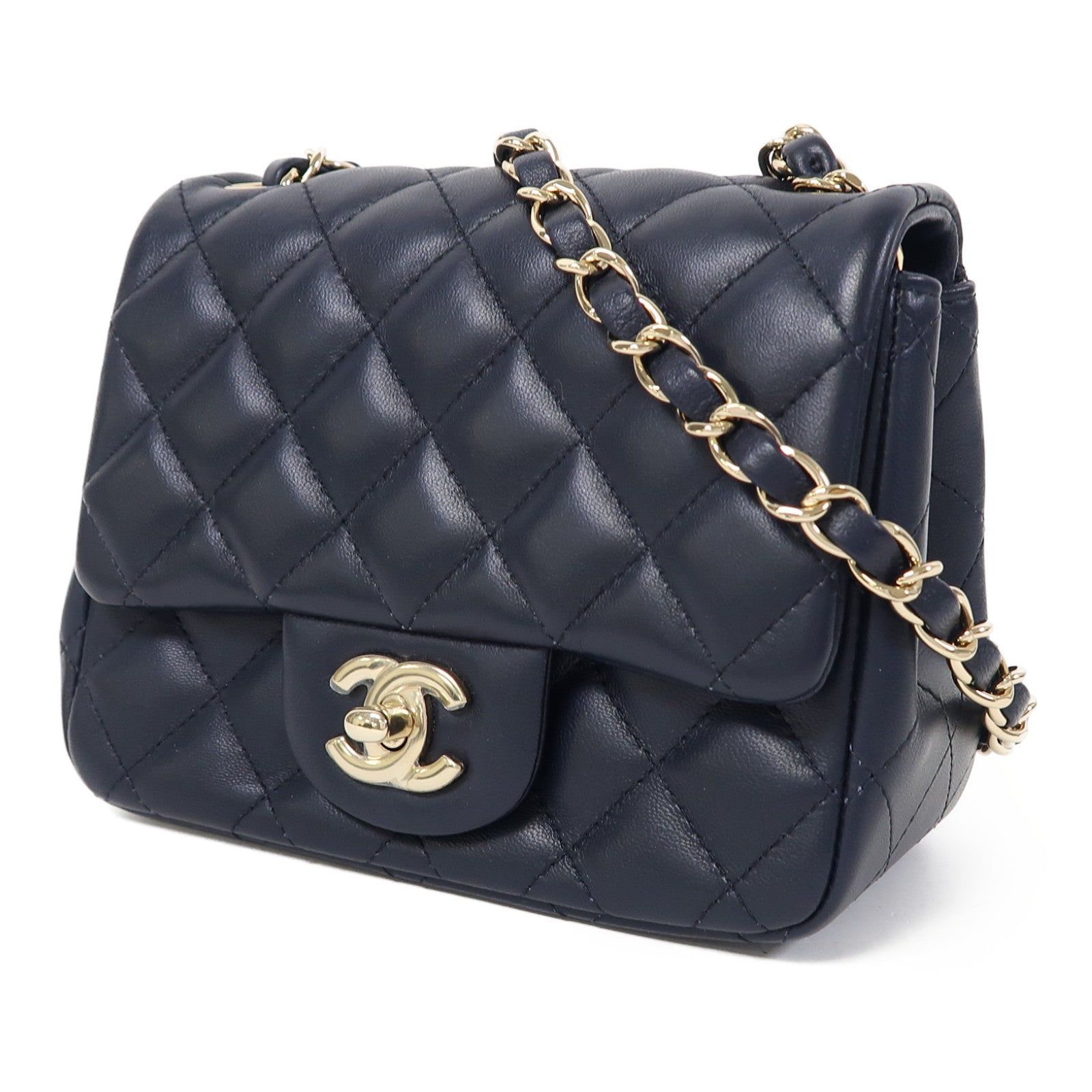 CHANEL 菱格羊皮皮革Mini 17cm金扣鏈帶肩背袋深藍色