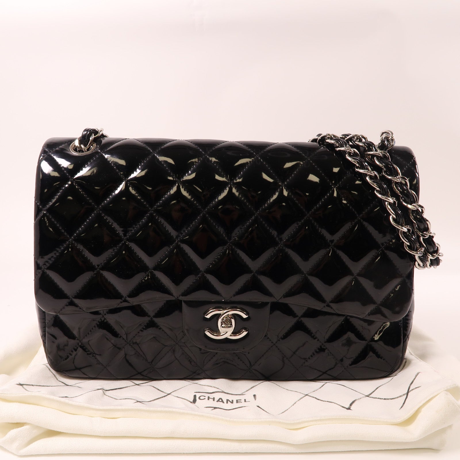 CHANEL 【激減優惠】菱格漆皮皮革Chain Shoulder銀扣鏈帶肩背袋黑色