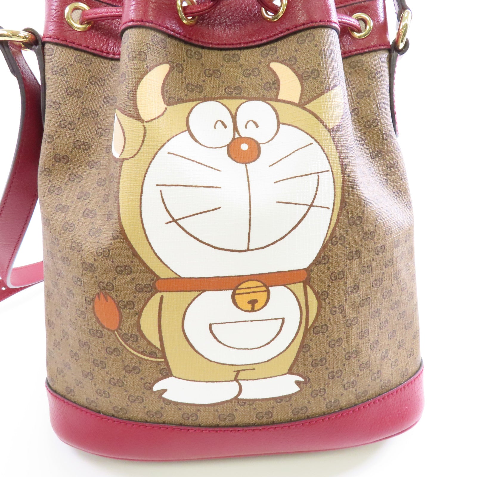 GUCCI 塗層帆布Bucket Bag金扣肩背袋棕色/紅色