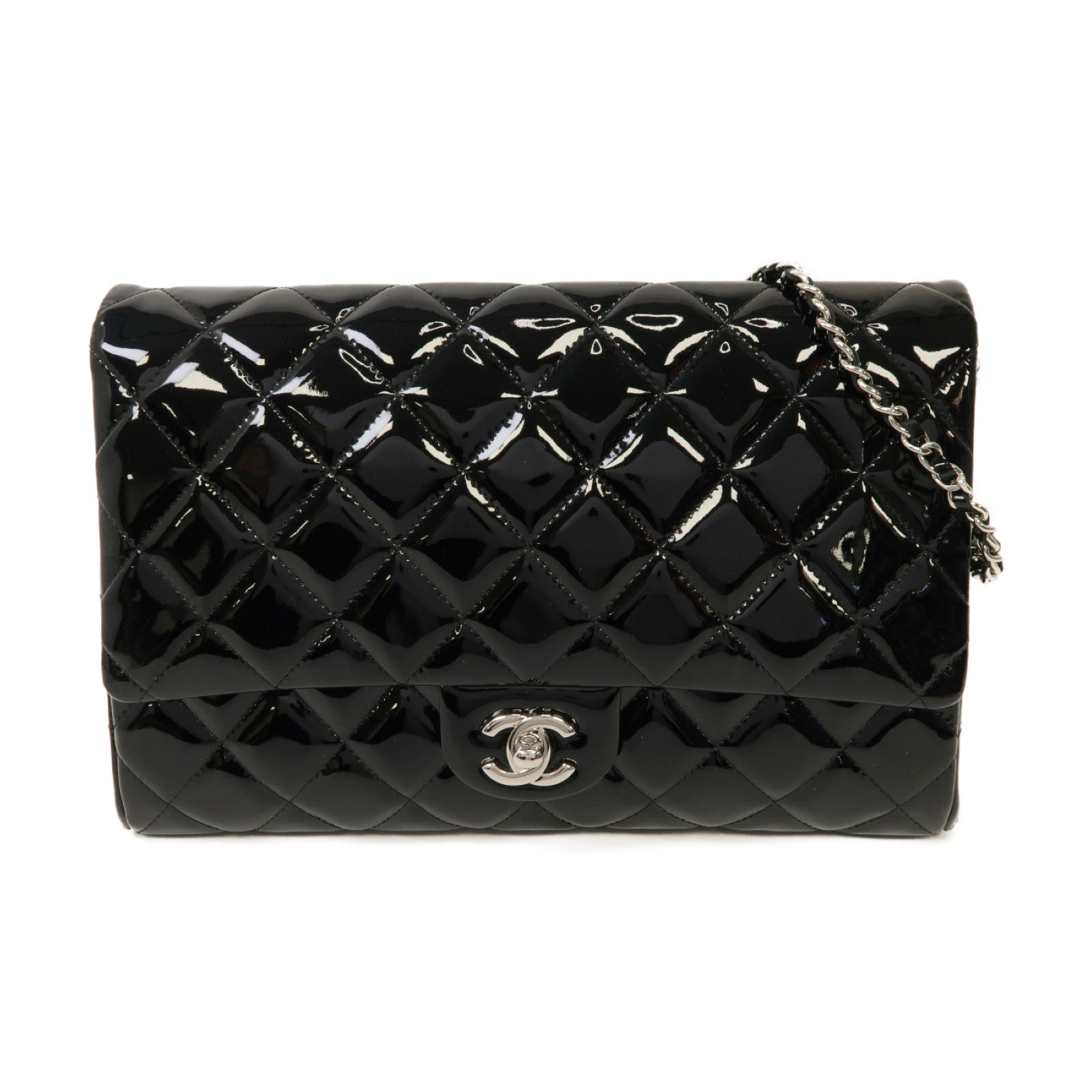 CHANEL 菱格漆皮皮革Chain Shoulder Bag銀扣鏈帶肩背袋黒色