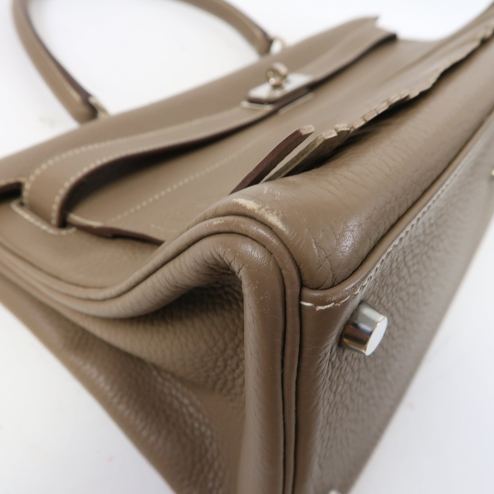 HERMES Clemence皮革Kelly Fringe銀扣肩背袋大象灰色