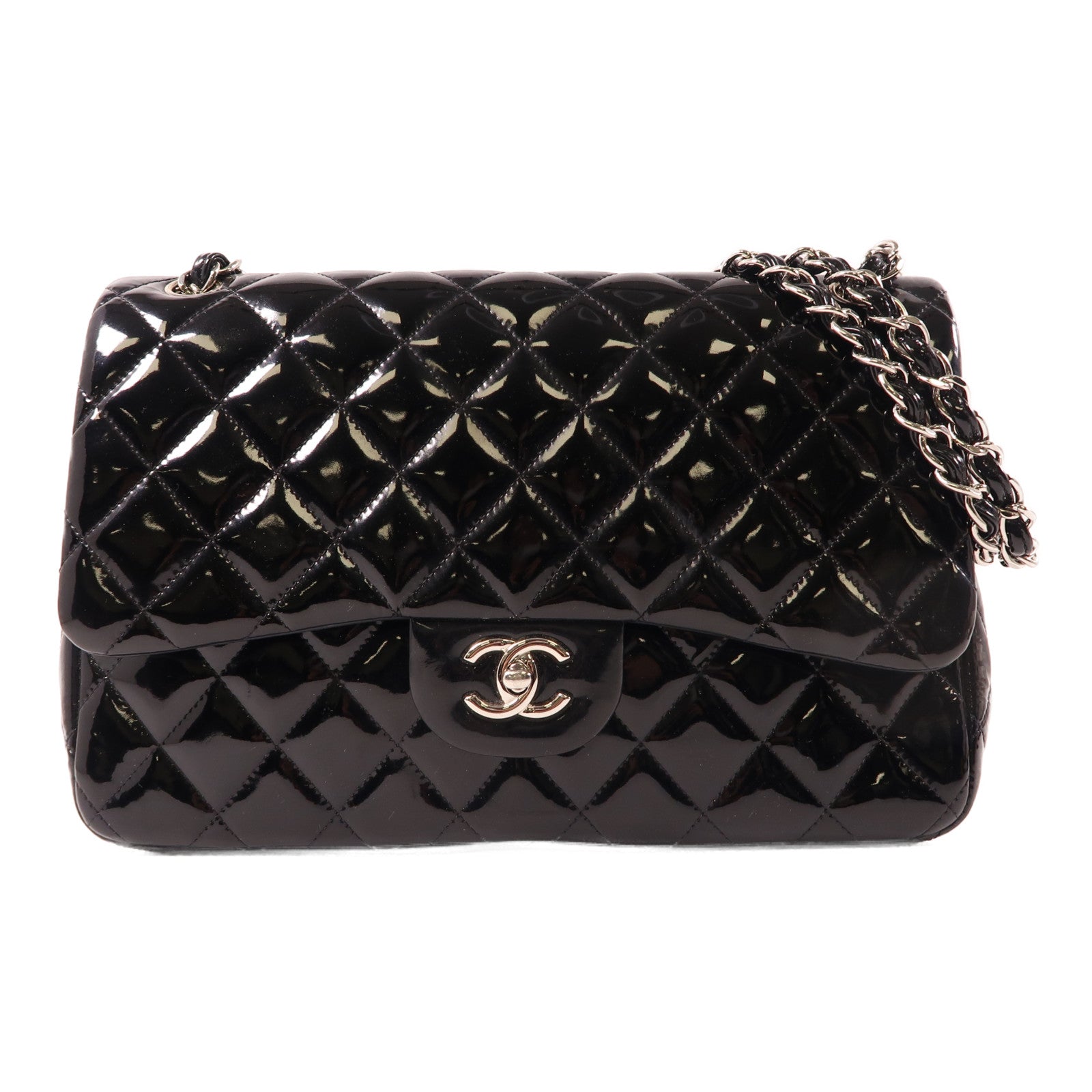 CHANEL 【激減優惠】菱格漆皮皮革Chain Shoulder銀扣鏈帶肩背袋黑色