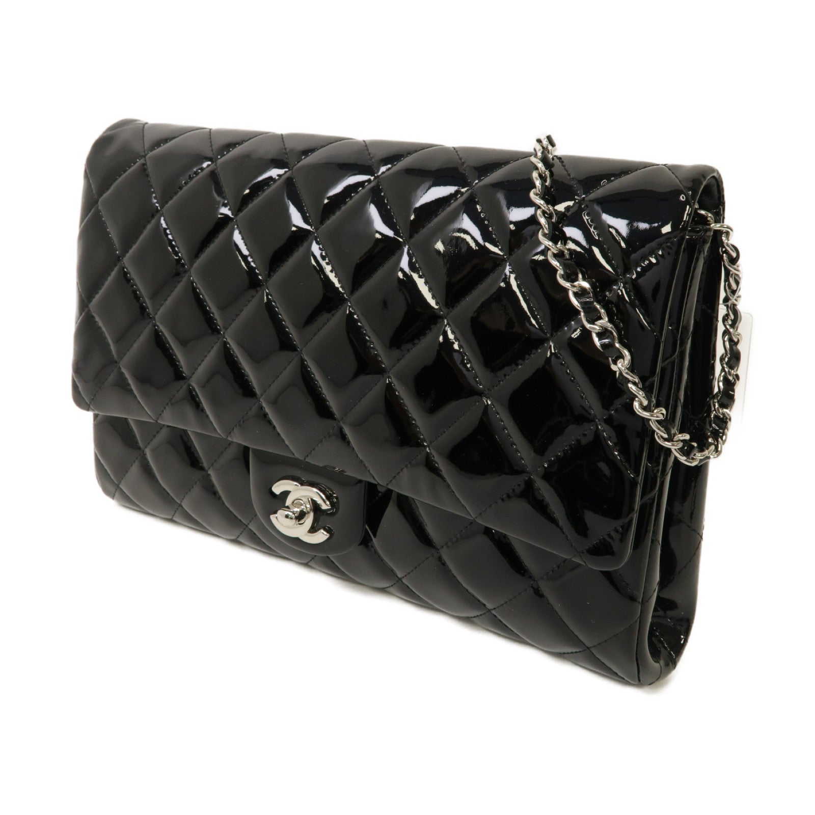 CHANEL 菱格漆皮皮革Chain Shoulder Bag銀扣鏈帶肩背袋黒色