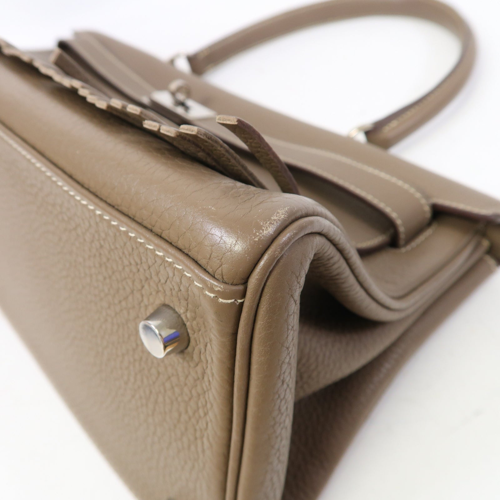 HERMES Clemence皮革Kelly Fringe銀扣肩背袋大象灰色