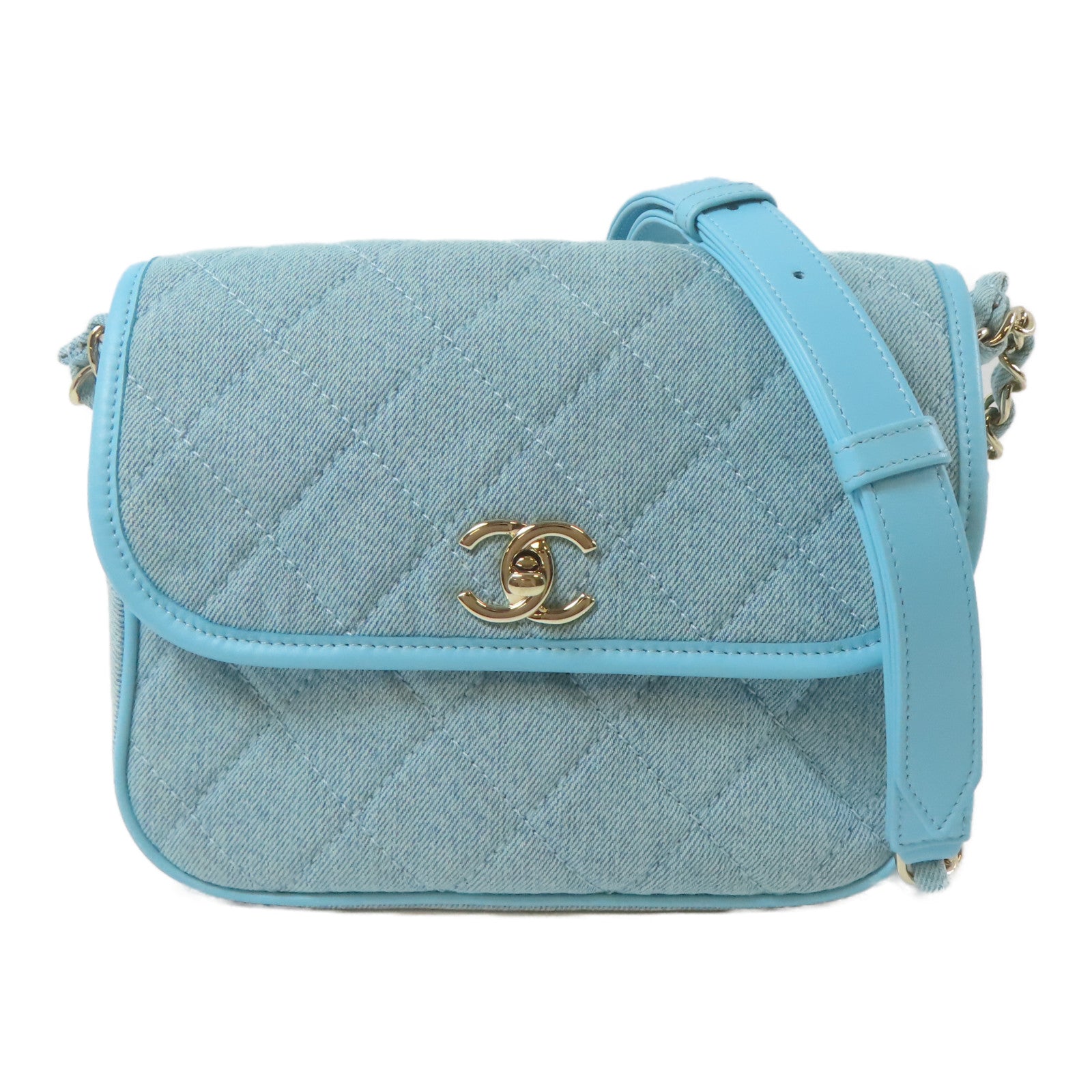 CHANEL 【激減優惠】菱格牛仔布Small Messenger Flap金扣鏈帶肩背袋藍色