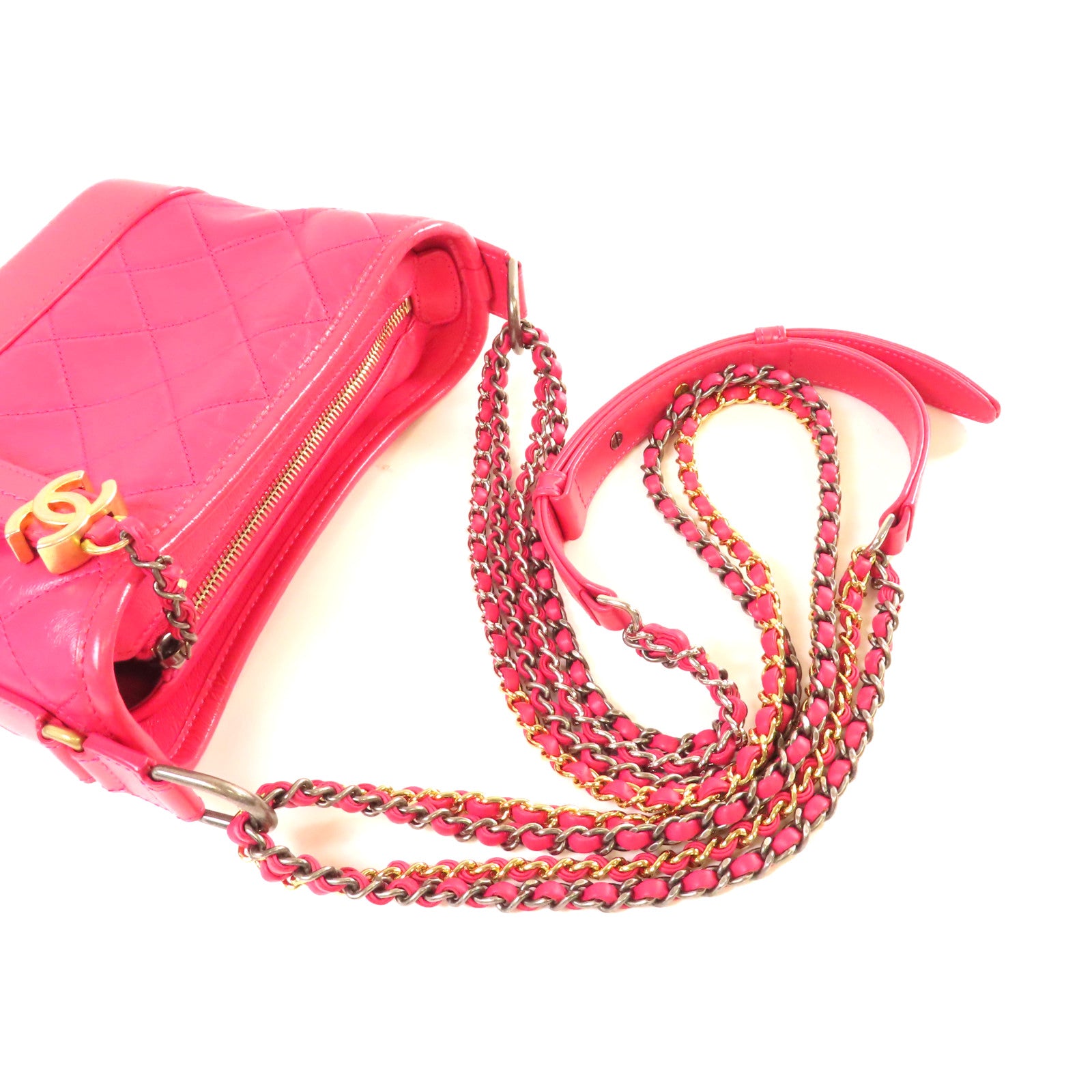 CHANEL 【激減優惠】菱格皮革Gabrielle Small Chain Shoulder Bag金扣鏈帶肩背袋粉紅色