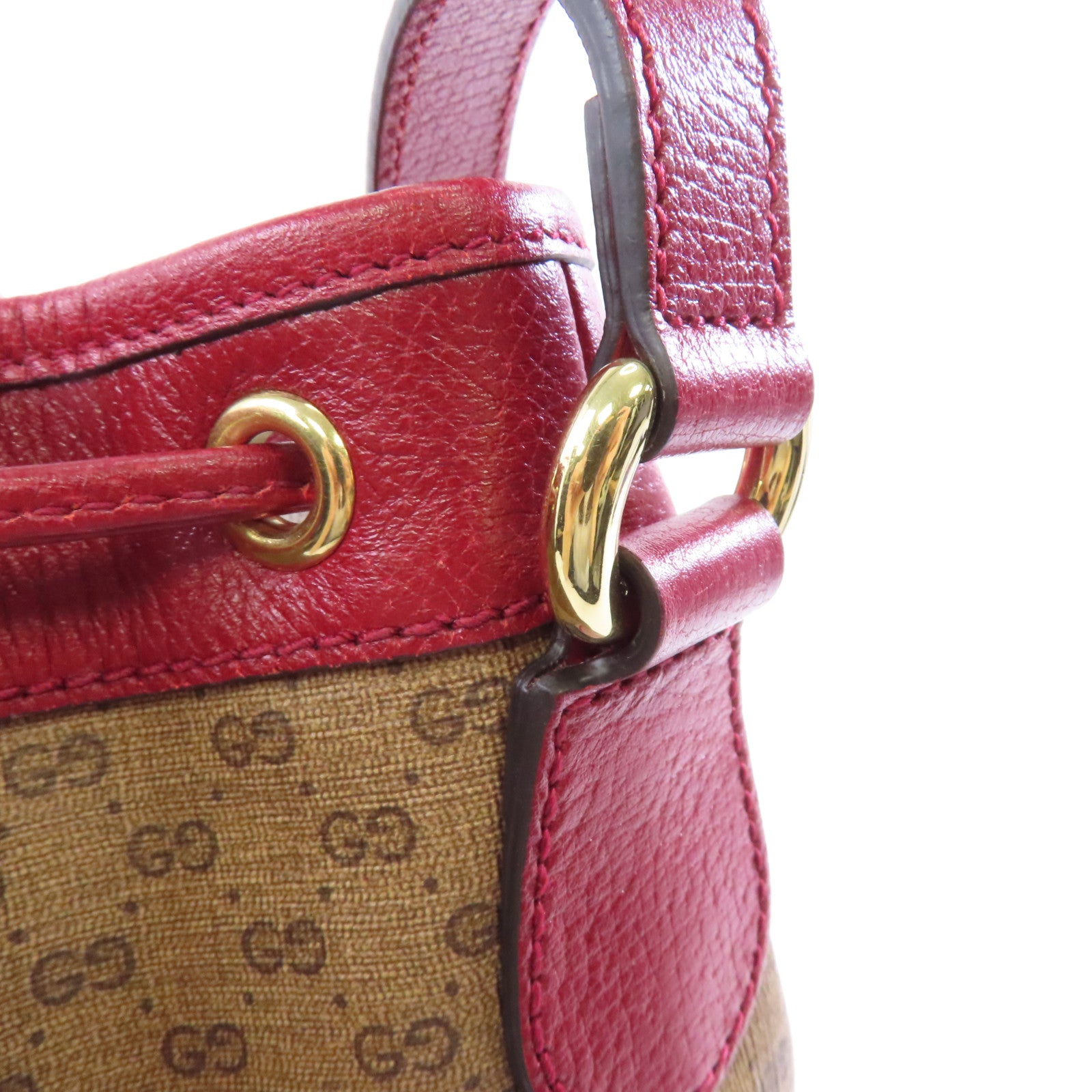 GUCCI 塗層帆布Bucket Bag金扣肩背袋棕色/紅色