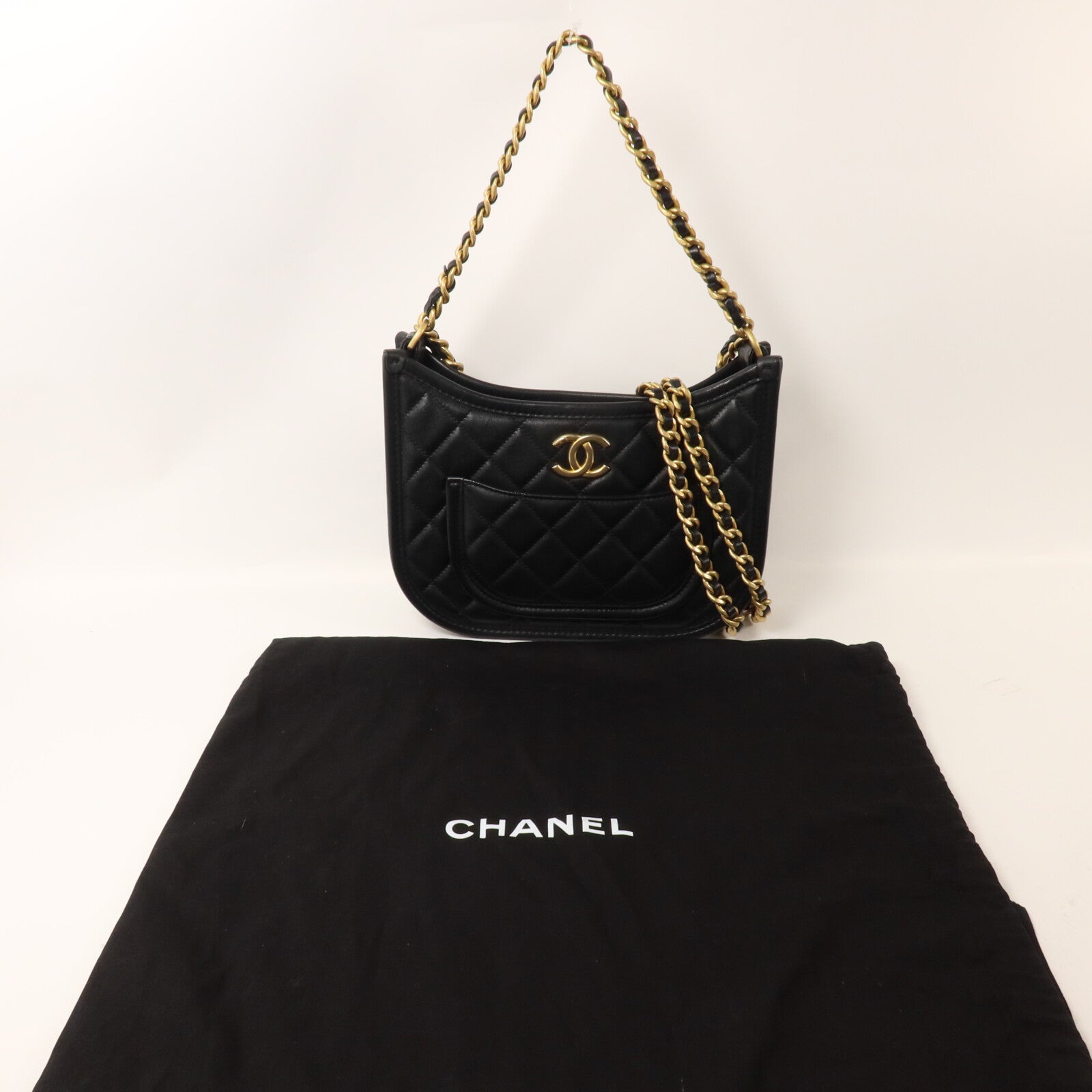 CHANEL 牛皮皮革Hobo鏈帶手挽肩背兩用袋
