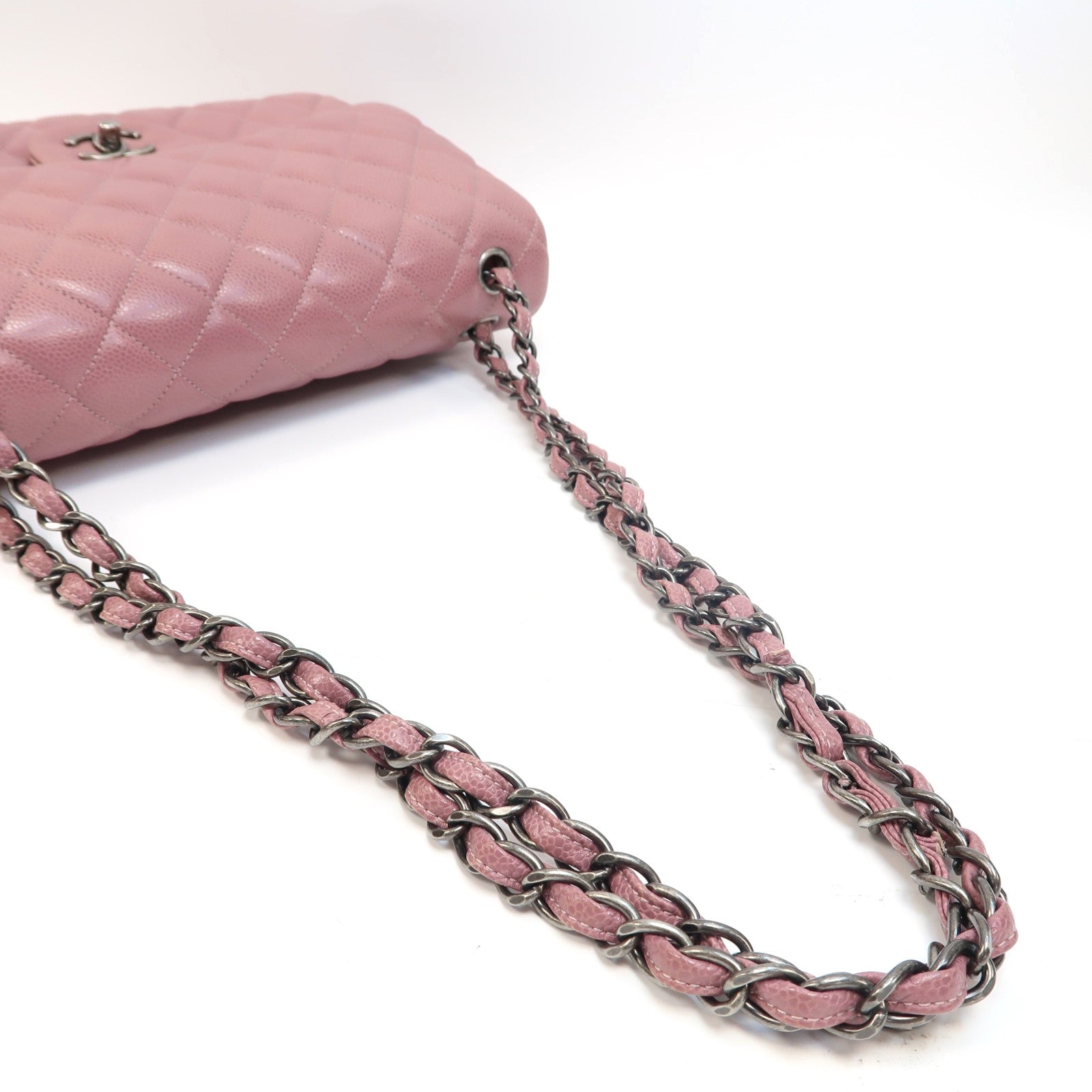 CHANEL 【激減優惠】菱格Caviar皮革Classic Double Flap Bag Jumbo銀扣鏈帶肩背袋紫色