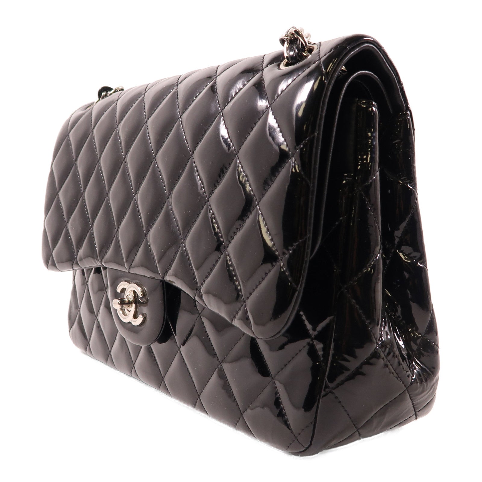 CHANEL 【激減優惠】菱格漆皮皮革Chain Shoulder銀扣鏈帶肩背袋黑色