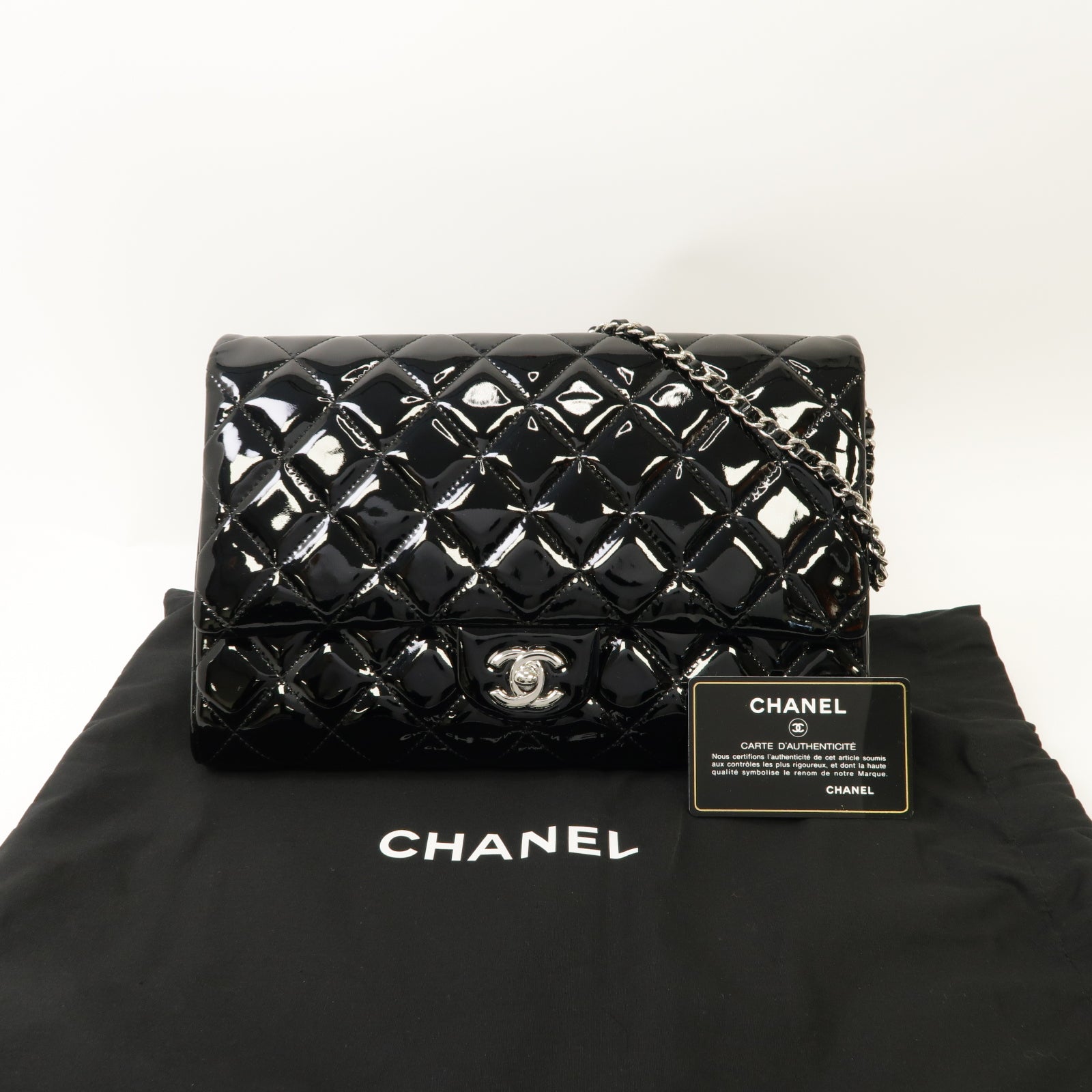 CHANEL 菱格漆皮皮革Chain Shoulder Bag銀扣鏈帶肩背袋黒色