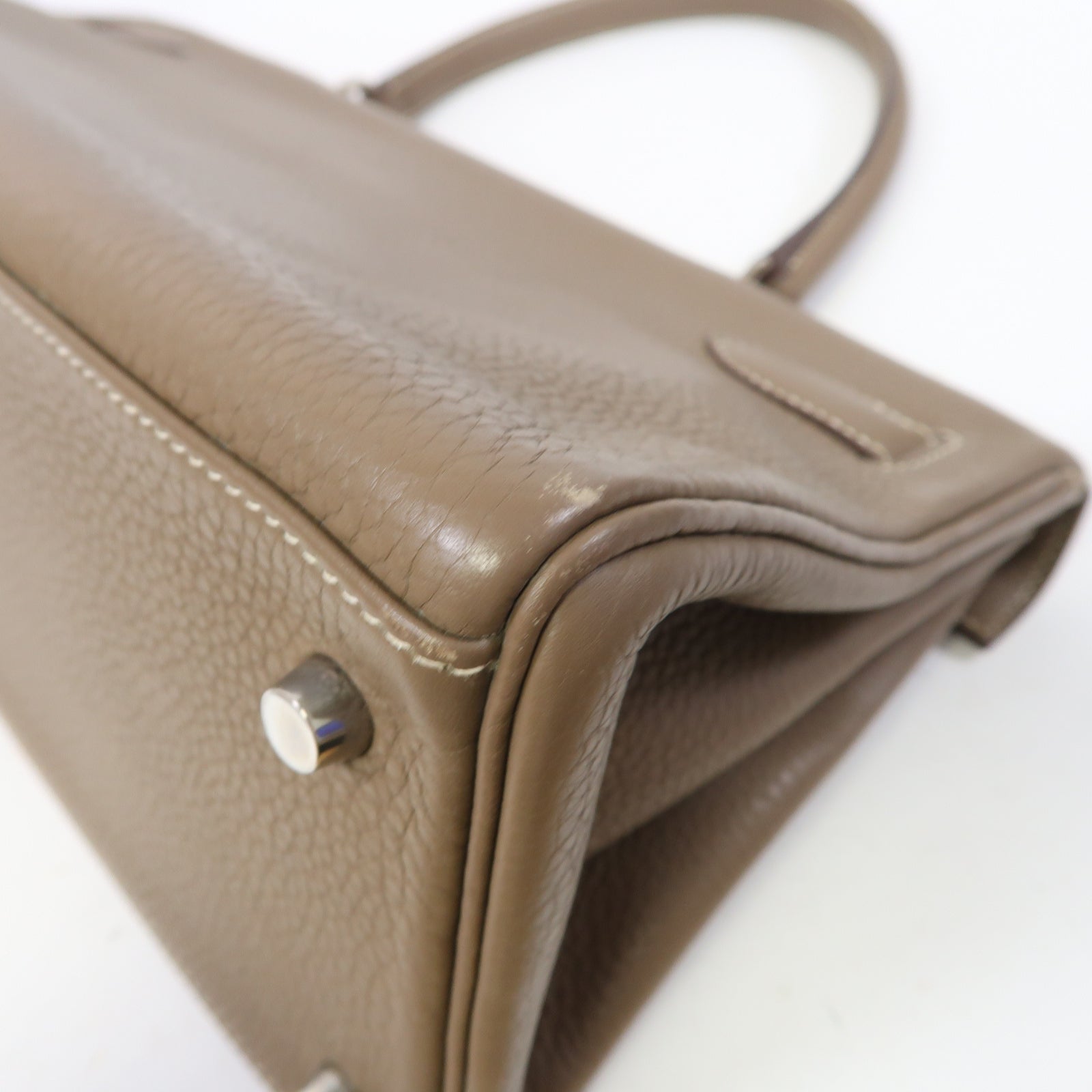 HERMES Clemence皮革Kelly Fringe銀扣肩背袋大象灰色
