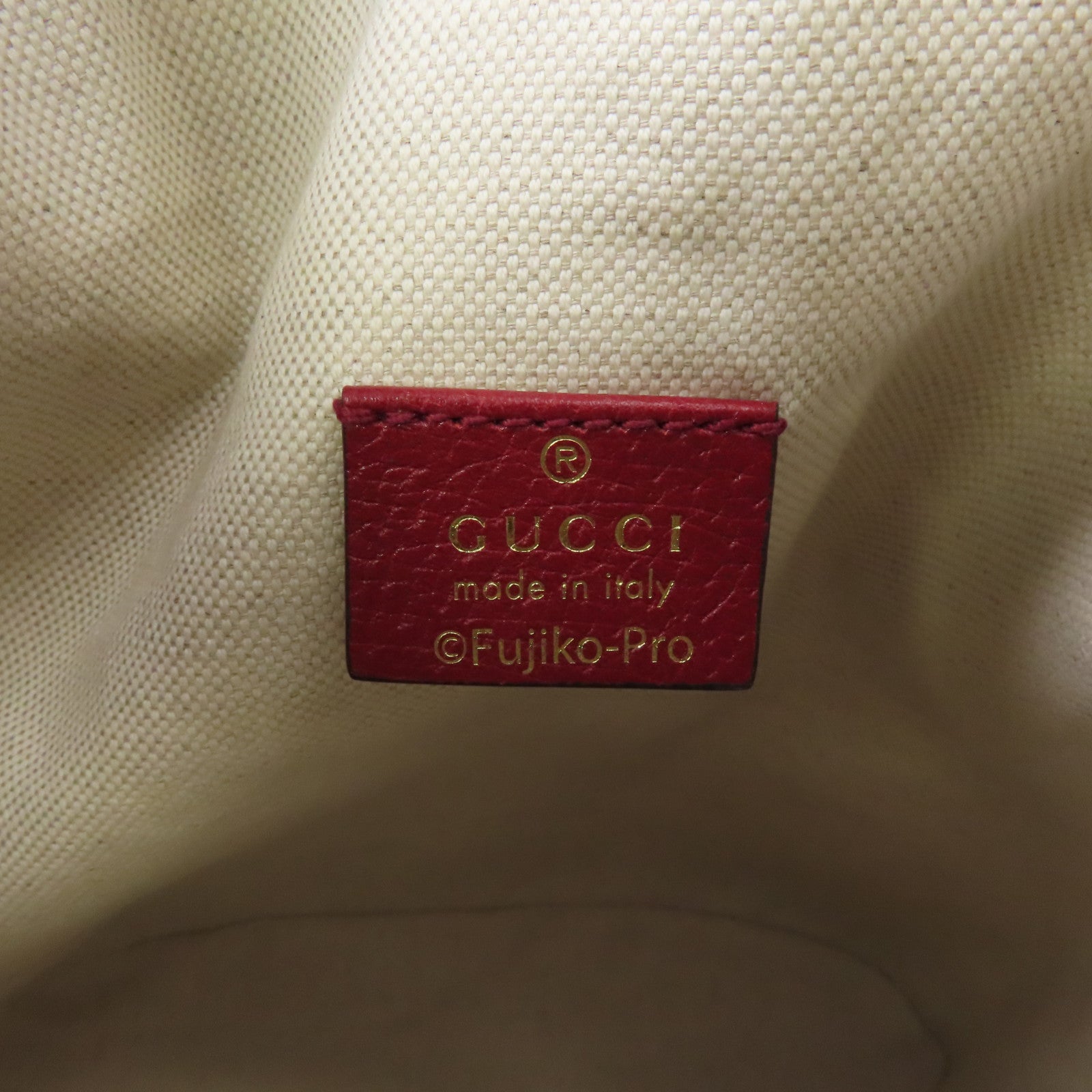 GUCCI 塗層帆布Bucket Bag金扣肩背袋棕色/紅色