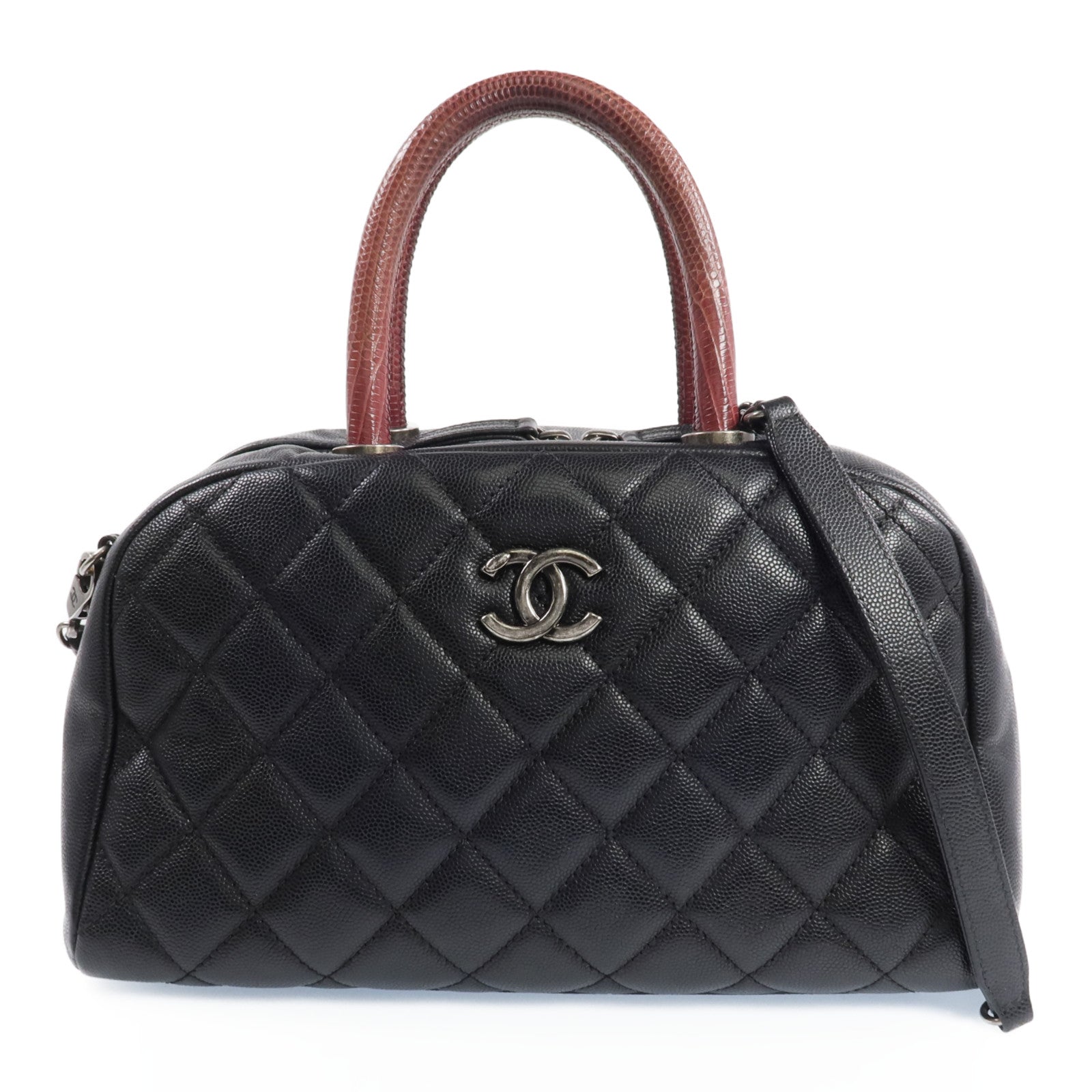 CHANEL 【激減優惠】蜥蝪/牛皮皮革Bowling Bag銀扣手挽肩背兩用袋