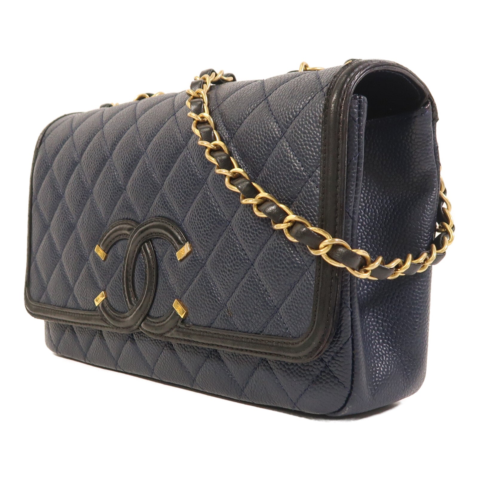 CHANEL 牛皮皮革Filigree Flap金扣鏈帶肩背袋