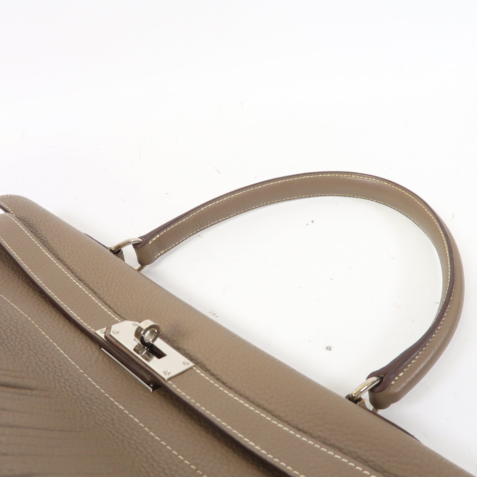 HERMES Clemence皮革Kelly Fringe銀扣肩背袋大象灰色