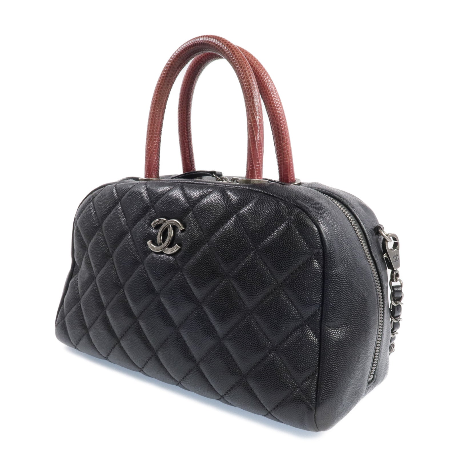 CHANEL 【激減優惠】蜥蝪/牛皮皮革Bowling Bag銀扣手挽肩背兩用袋