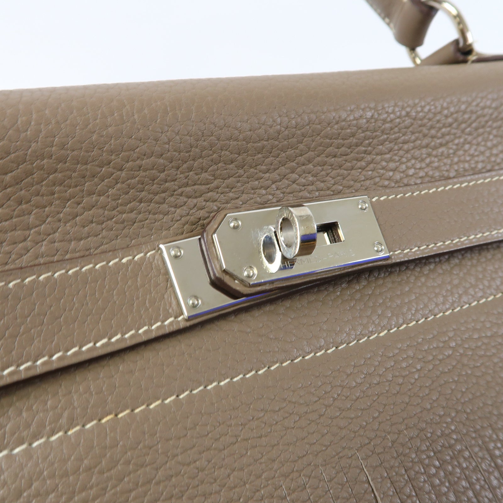 HERMES Clemence皮革Kelly Fringe銀扣肩背袋大象灰色