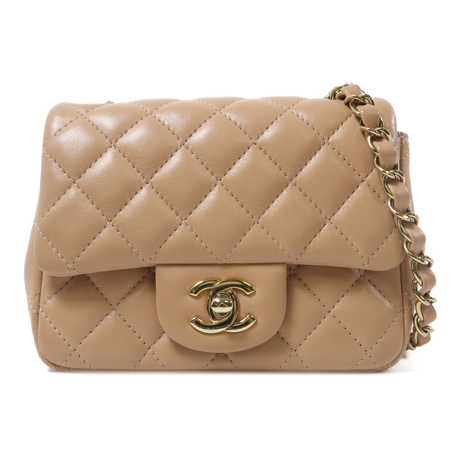 CHANEL 菱格羊皮皮革Chain Shoulder金扣鏈帶肩背袋米色