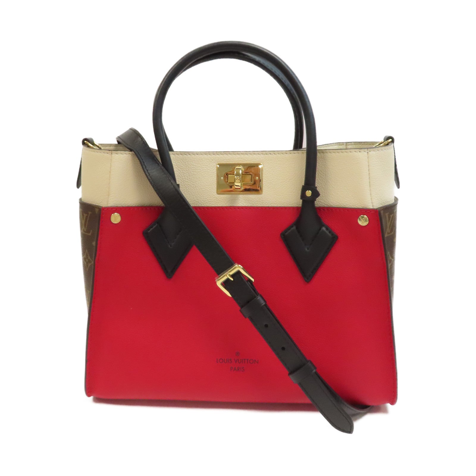 LOUIS VUITTON 【激減優惠】Monogram On My Side MM金扣手挽肩背兩用袋紅色/米色