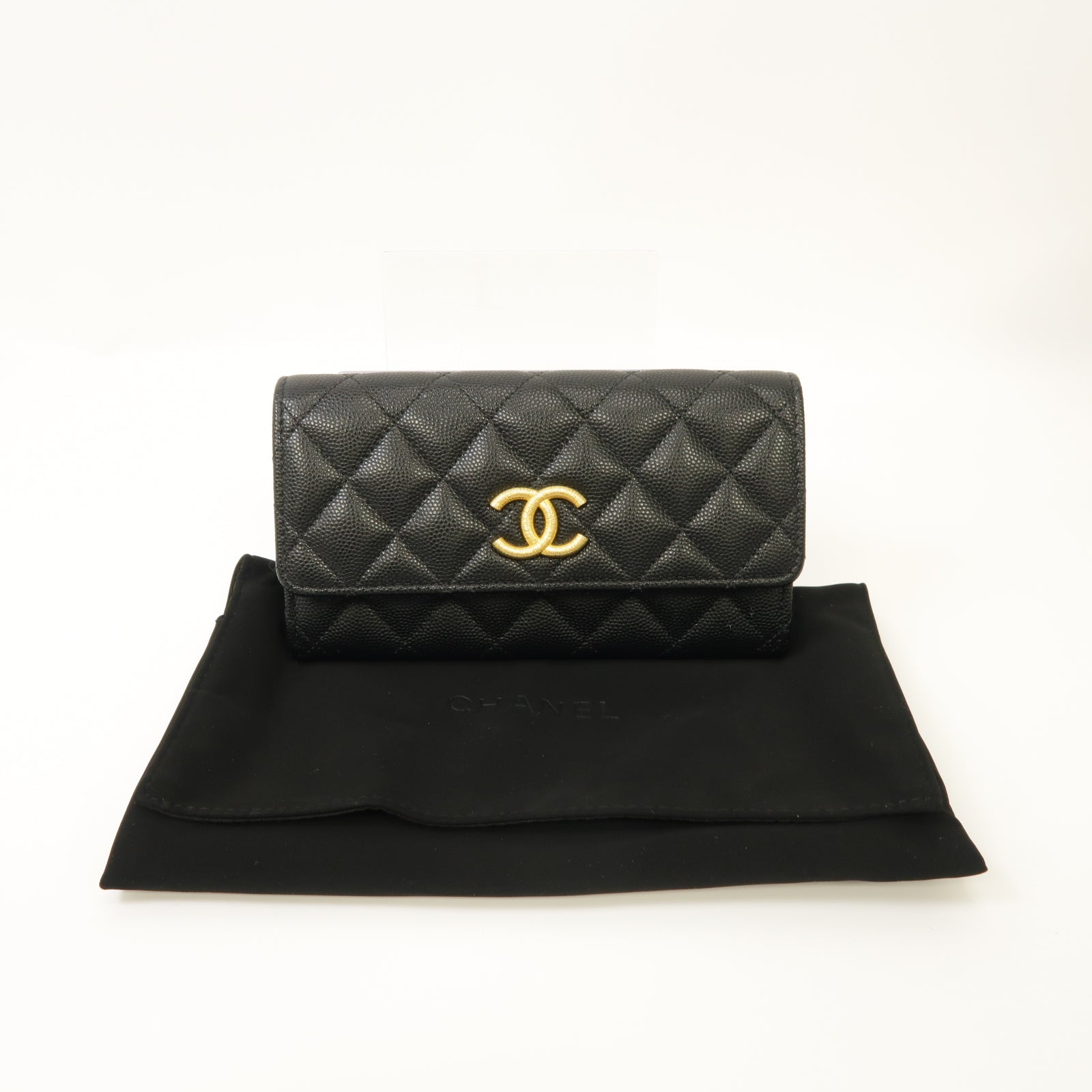 CHANEL Caviar皮革Wallet金扣錢包黒色