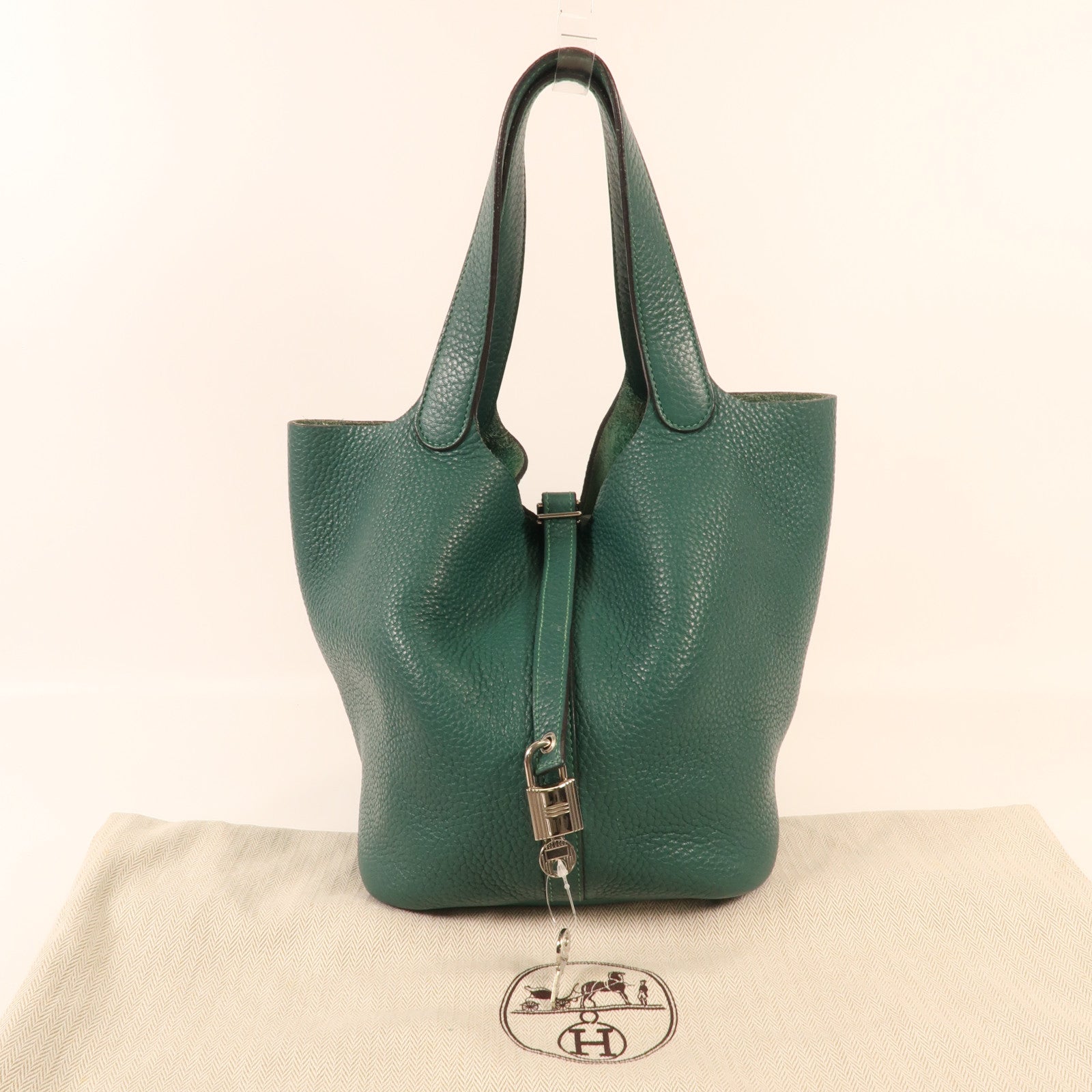HERMES Clemence皮革Picotin MM銀扣手挽袋Vert Vertigo