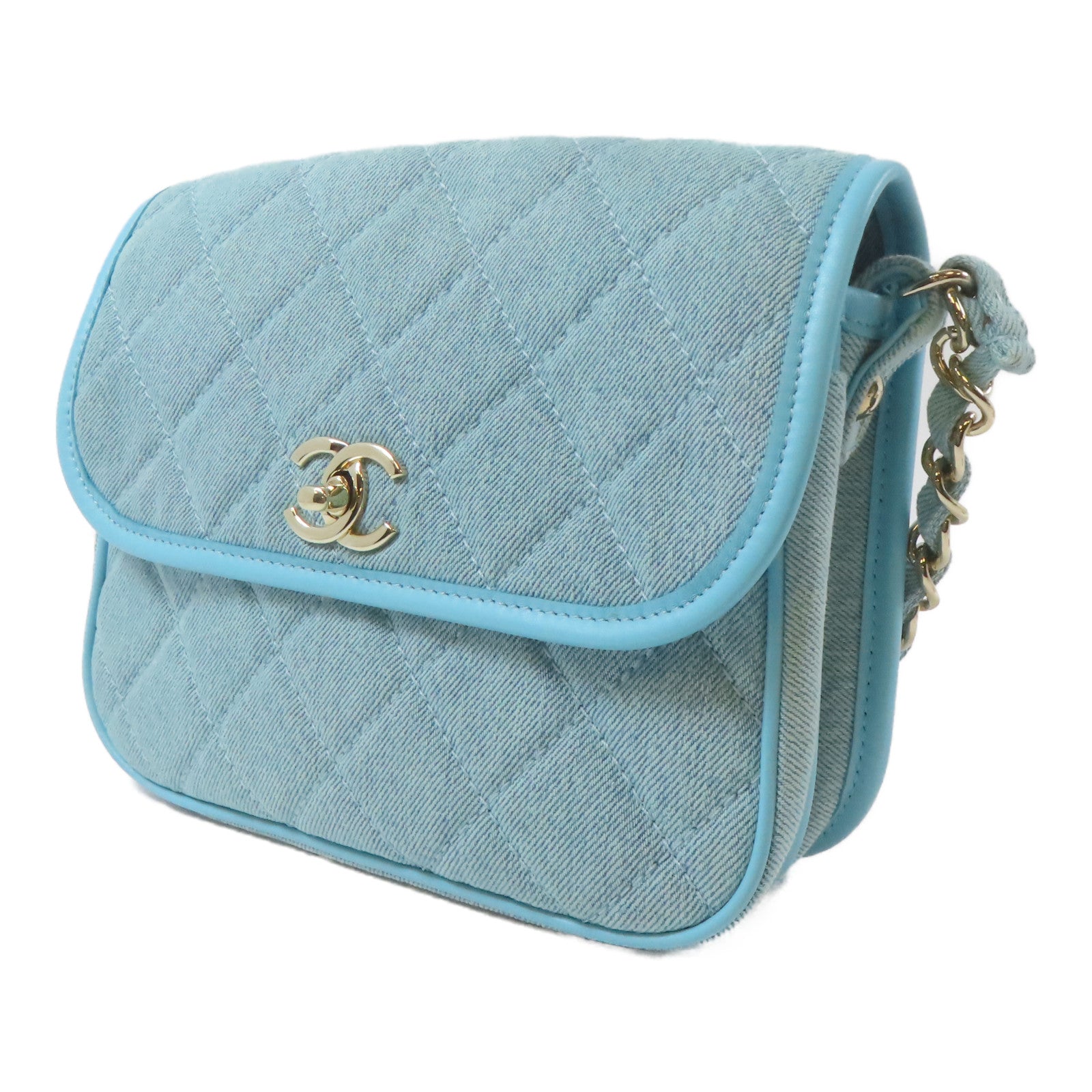 CHANEL 【激減優惠】菱格牛仔布Small Messenger Flap金扣鏈帶肩背袋藍色