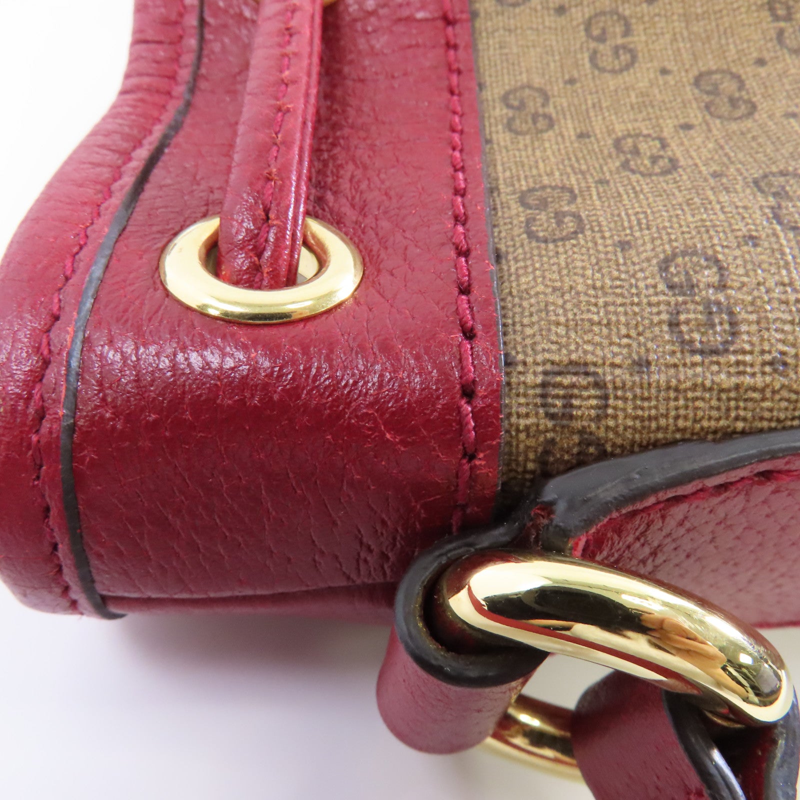 GUCCI 塗層帆布Bucket Bag金扣肩背袋棕色/紅色