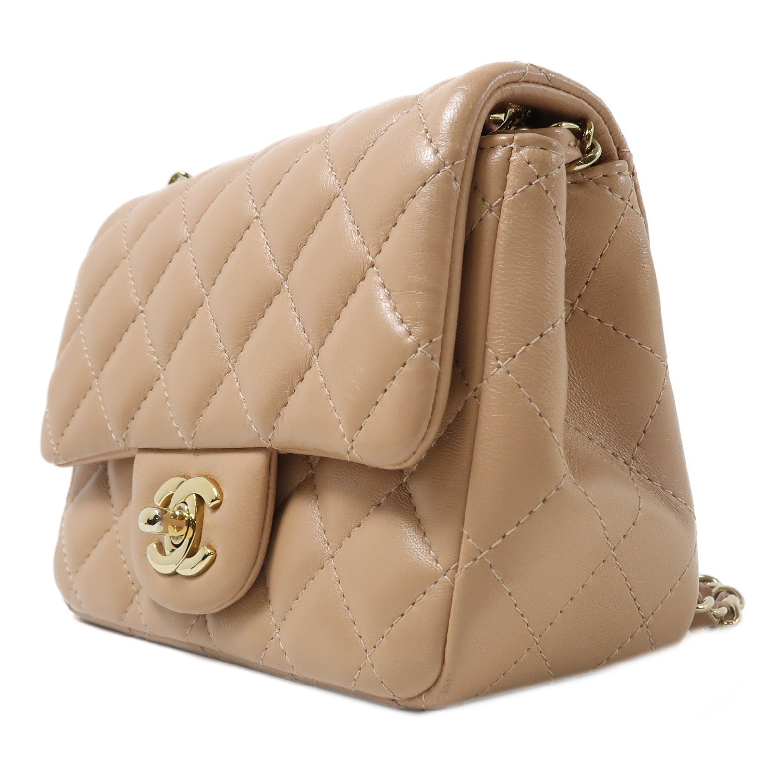 CHANEL 菱格羊皮皮革Chain Shoulder金扣鏈帶肩背袋米色