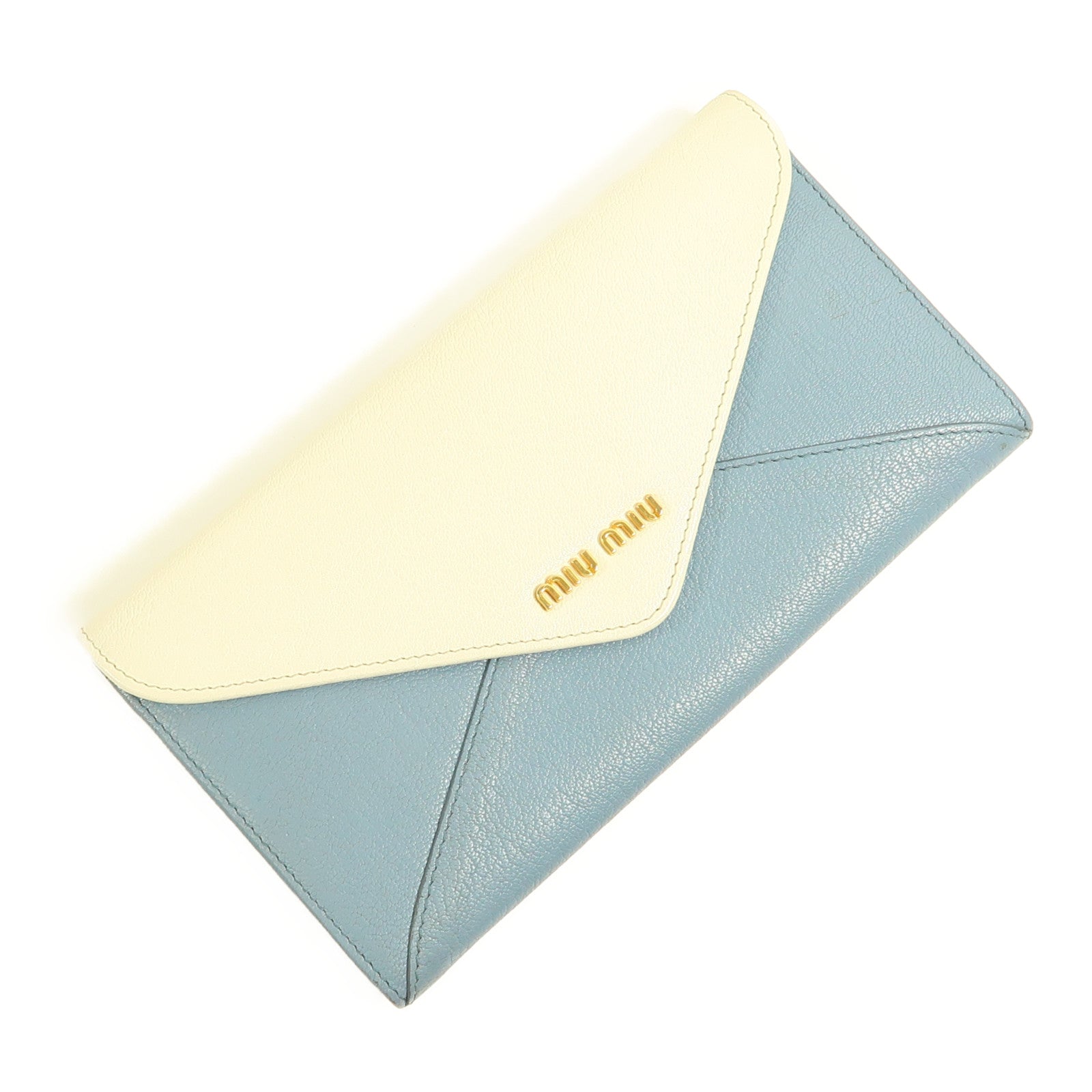 Miu Miu 牛皮皮革Long Wallet金扣長錢包藍色/白色