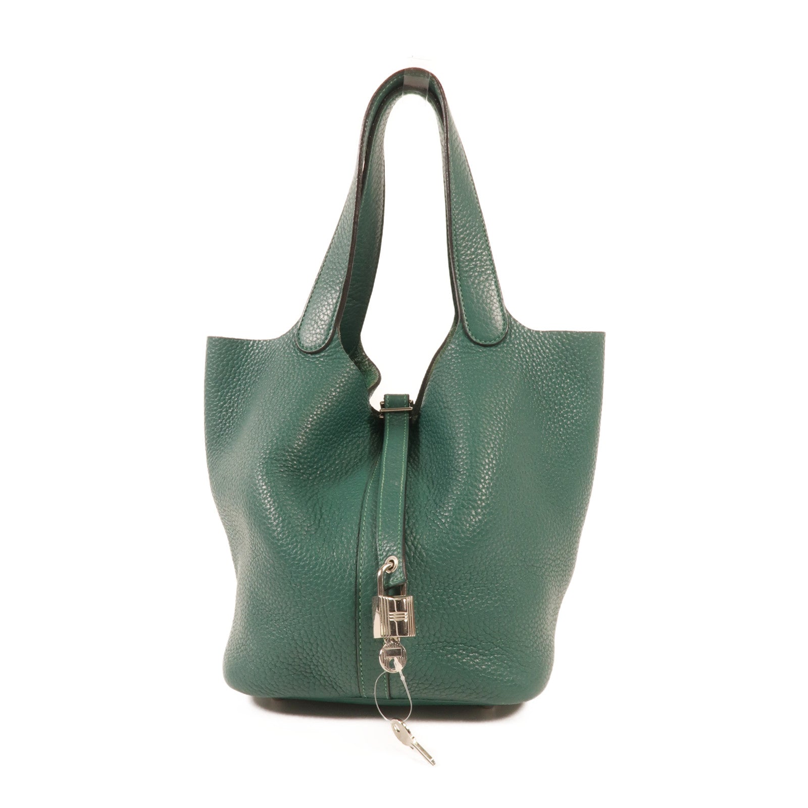 HERMES Clemence皮革Picotin MM銀扣手挽袋Vert Vertigo