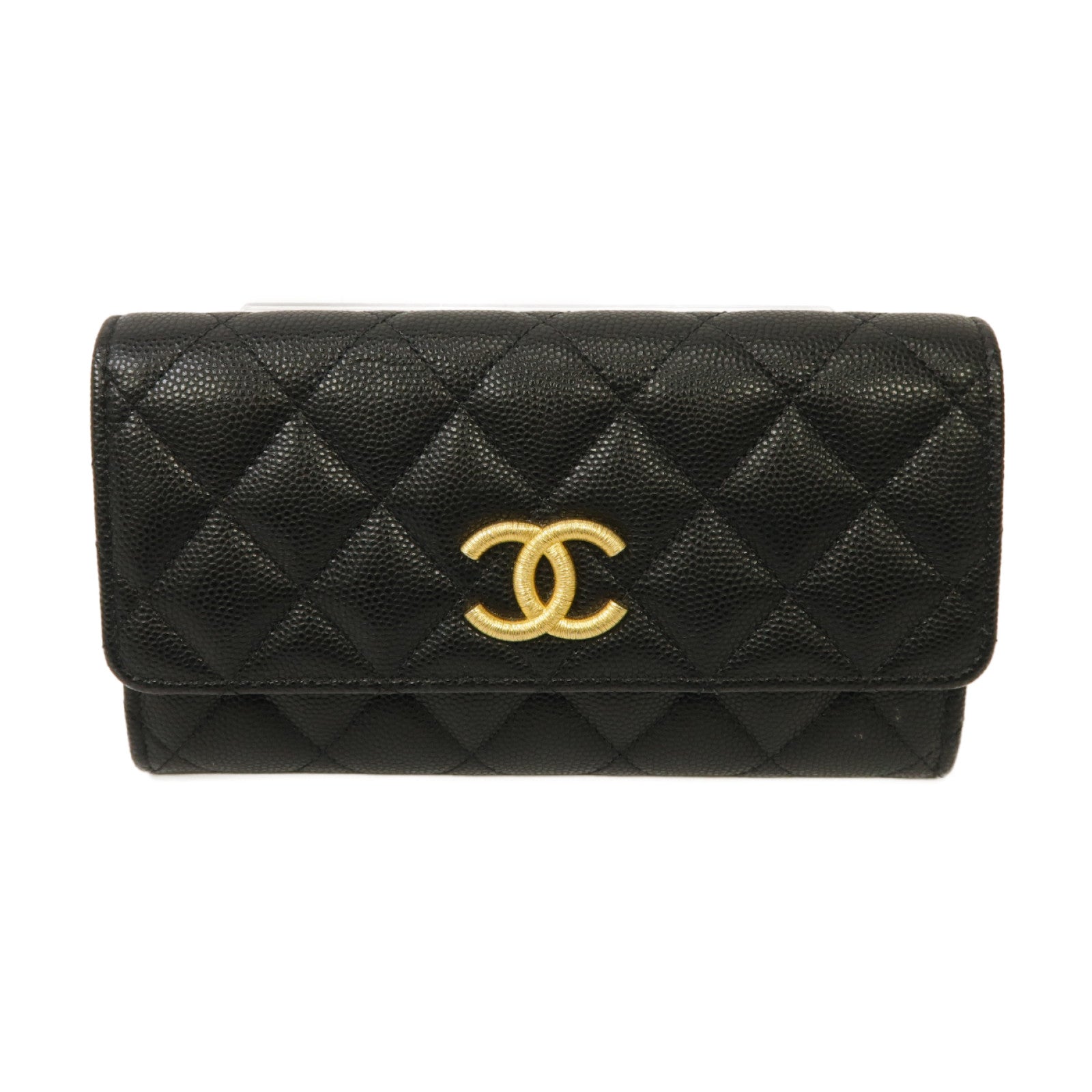 CHANEL Caviar皮革Wallet金扣錢包黒色