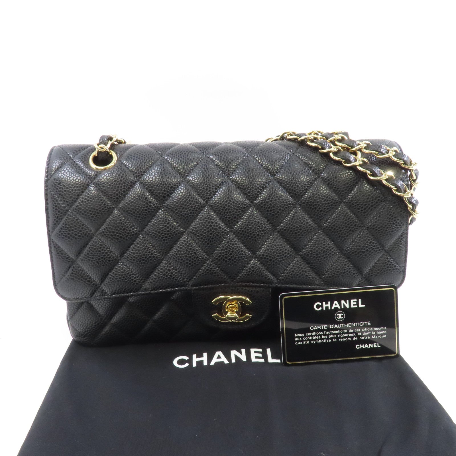 CHANEL 菱格Caviar皮革Classic 25金扣鏈帶肩背袋黑色