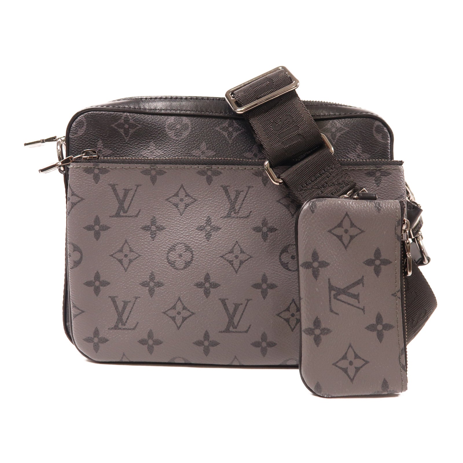 LOUIS VUITTON Monogram Eclipse Reverse Trio Messenger銀扣肩背袋灰色