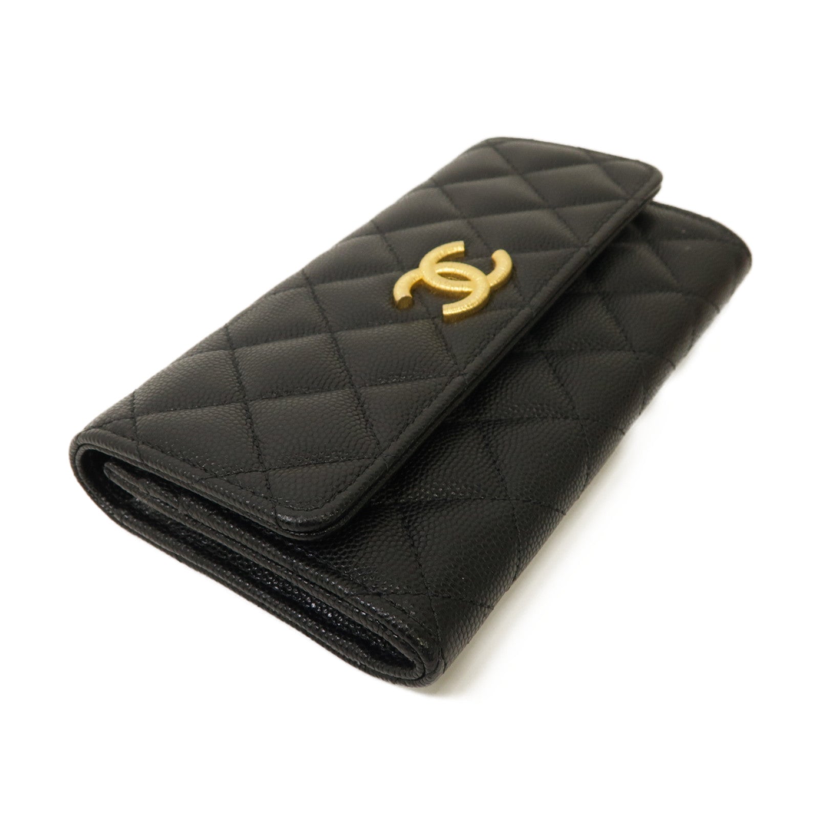CHANEL Caviar皮革Wallet金扣錢包黒色