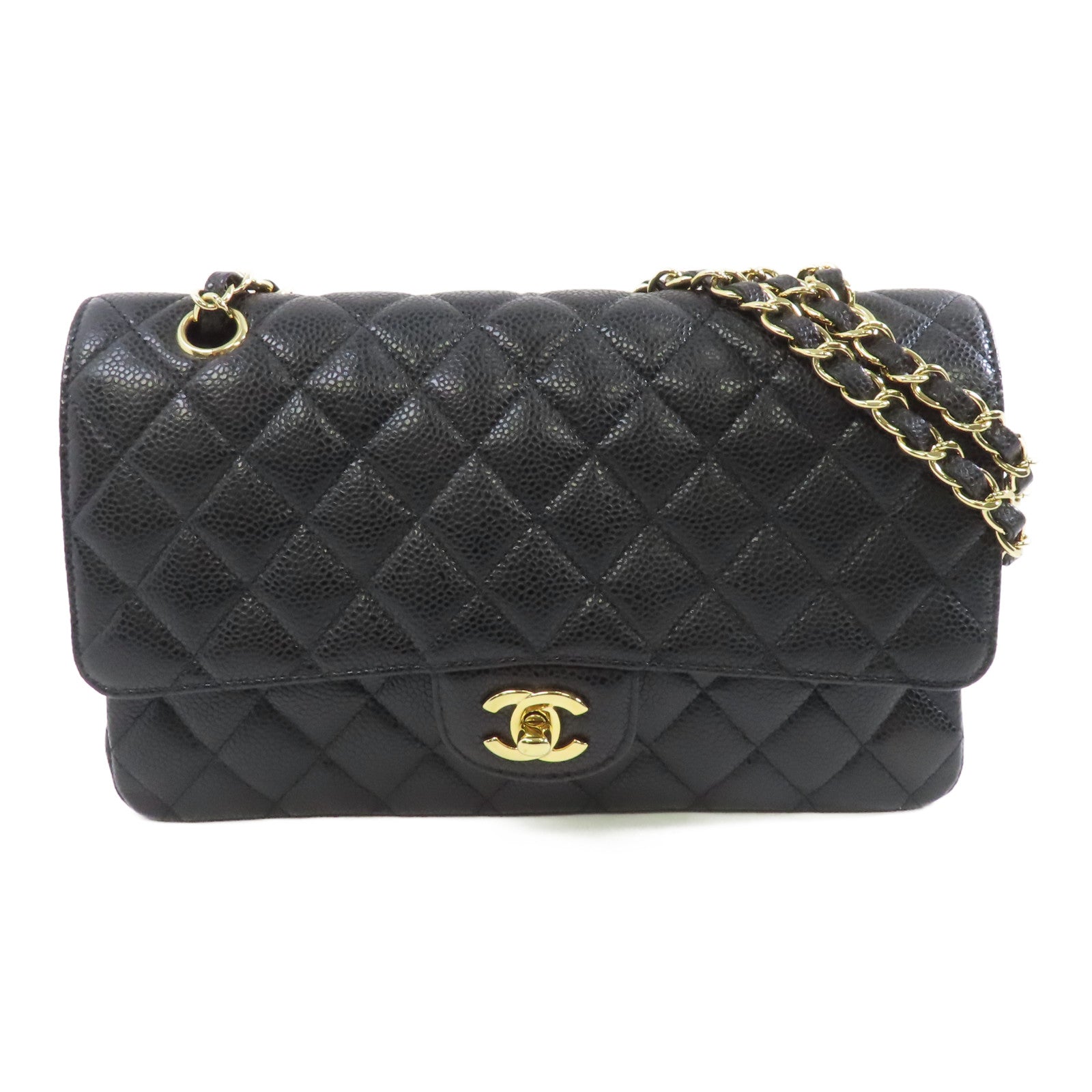 CHANEL 菱格Caviar皮革Classic 25金扣鏈帶肩背袋黑色