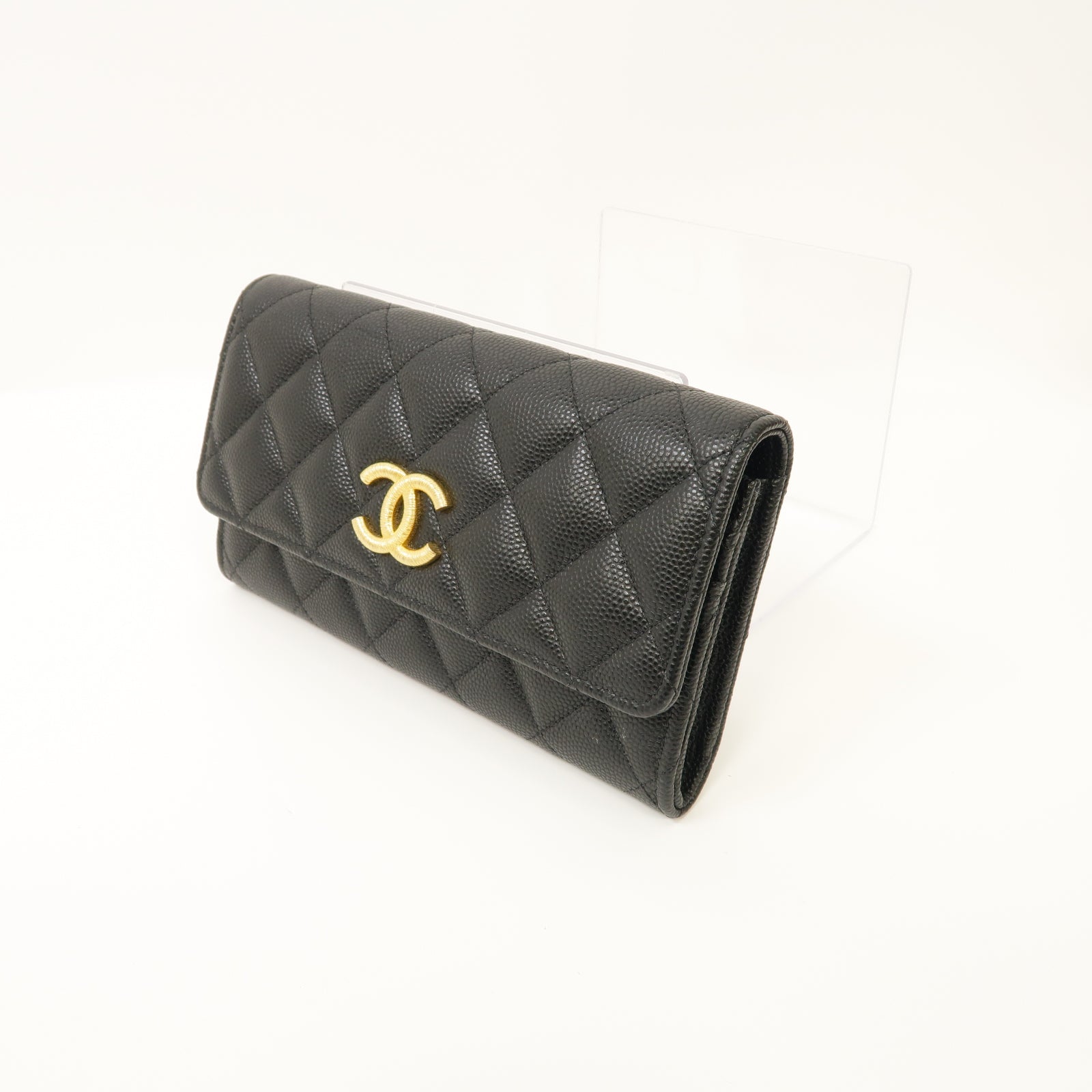 CHANEL Caviar皮革Wallet金扣錢包黒色