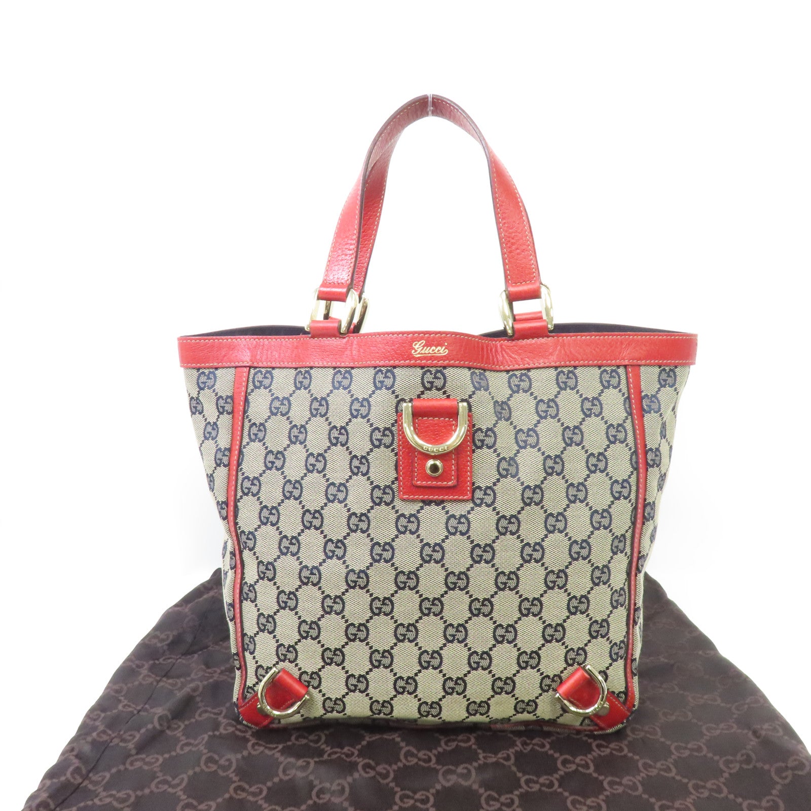 GUCCI 帆布Hand Bag金扣手挽袋啡色/紅色