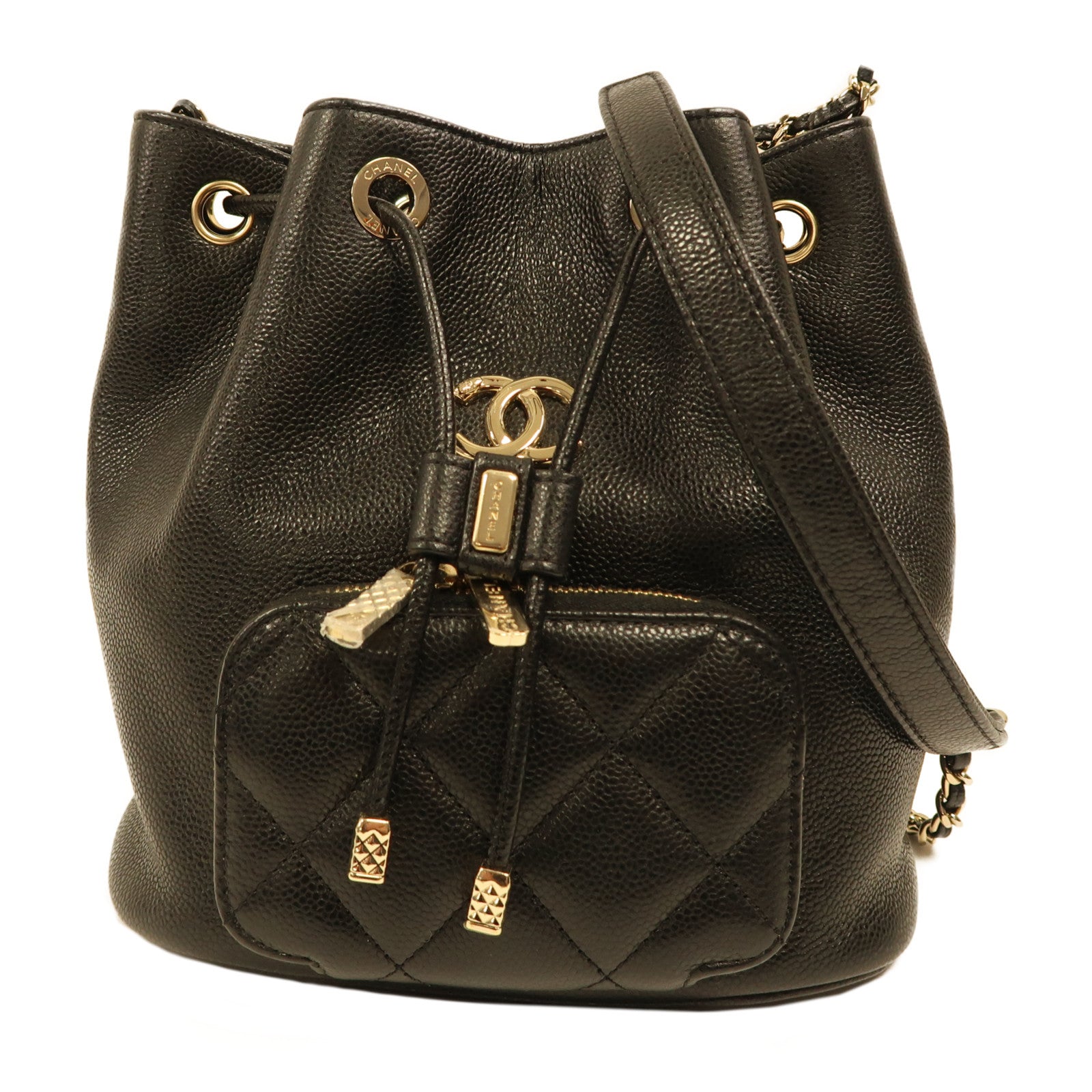CHANEL 牛皮皮革Bucket Bag金扣肩背袋黑色