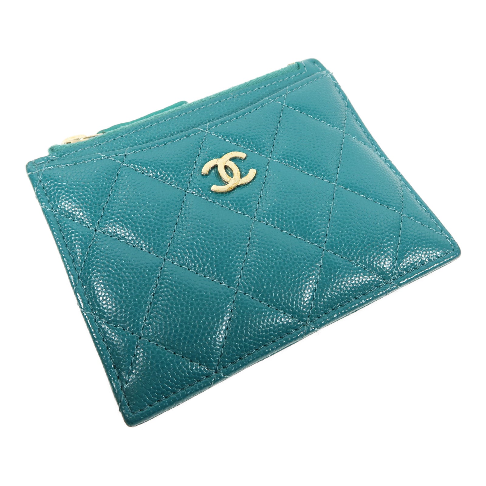 CHANEL 菱格Caviar皮革Coin Case金扣零錢包綠色