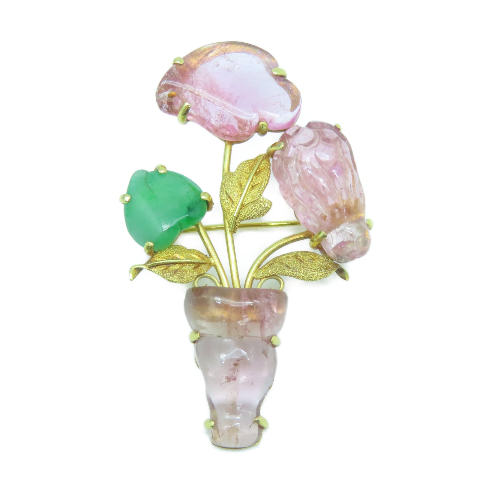 JEWELRY 18K Yellow Gold Tourmaline Jade Brooch Tourmaline Emerald Brooch Pink/Green/Gold