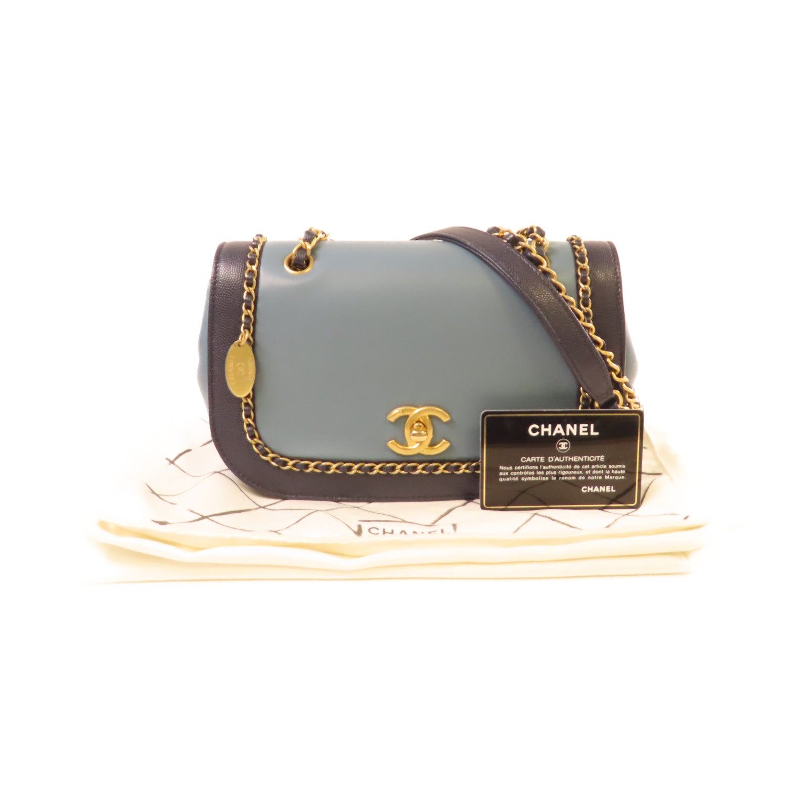 CHANEL 【激減優惠】牛皮皮革/Caviar皮革Chain Shoulder Bag金扣鏈帶肩背袋深藍色/淺藍色