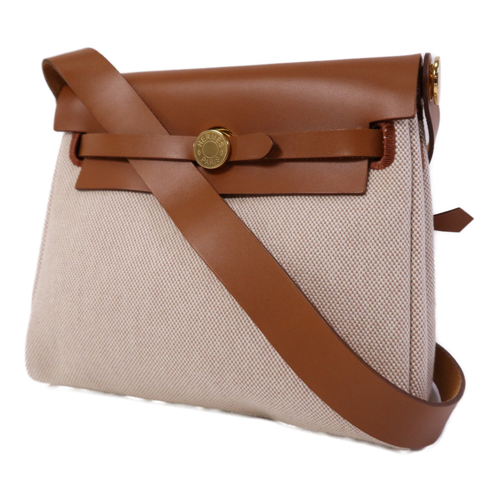 HERMES 帆布Mini Herbag金扣肩背袋Fauve