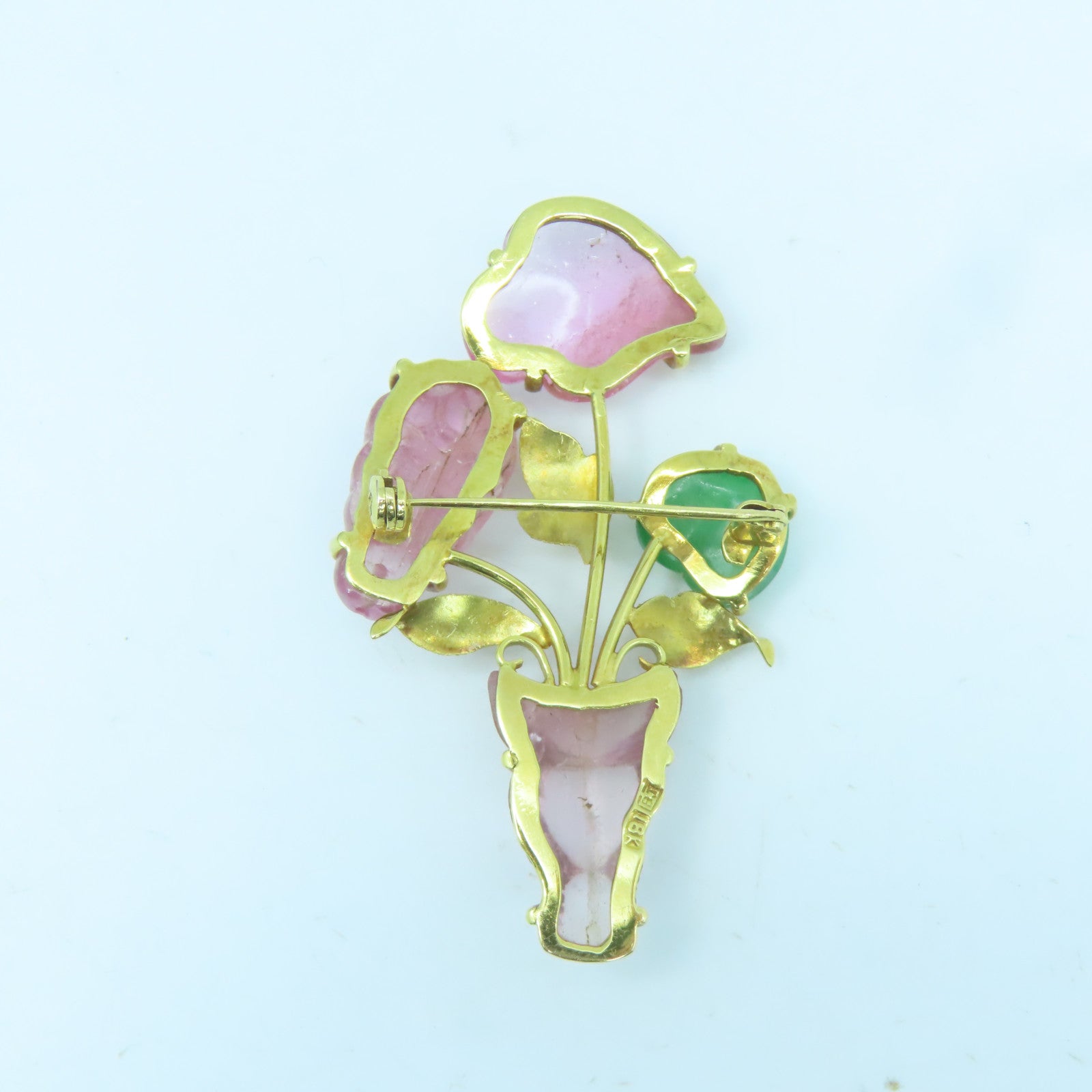 JEWELRY 18K Yellow Gold Tourmaline Jade Brooch Tourmaline Emerald Brooch Pink/Green/Gold